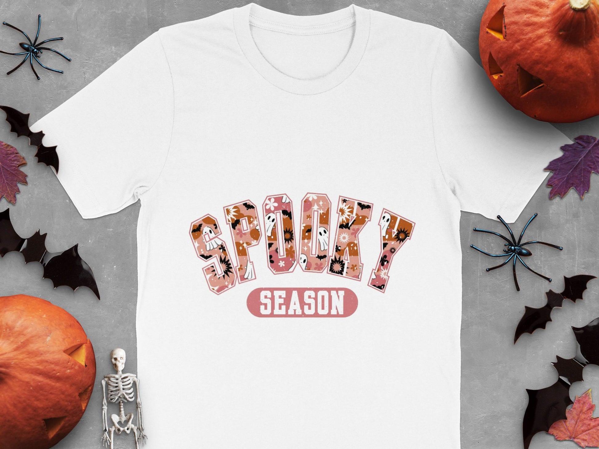 Spooky Season Halloween T-Shirt, Skeleton and Pumpkin Decor, Unisex Fall Apparel, October Festive Fashion