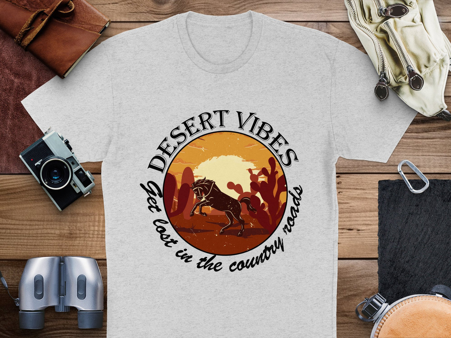 Desert Vibes T-Shirt, Retro Sunset Graphic Tee, Cactus and Horse Design, Casual Country Road Style