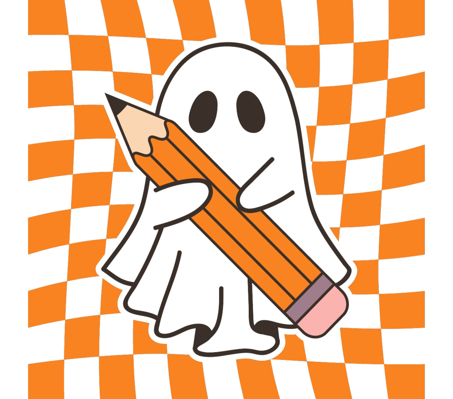 Cute Ghost Holding Pencil Print, Orange Checkered Background, Fun Halloween Decor