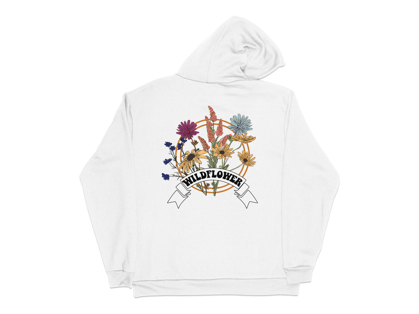 White Hoodie with Colorful Wildflower Print, Unisex Floral Graphic Sweatshirt, Casual Fashion Apparel