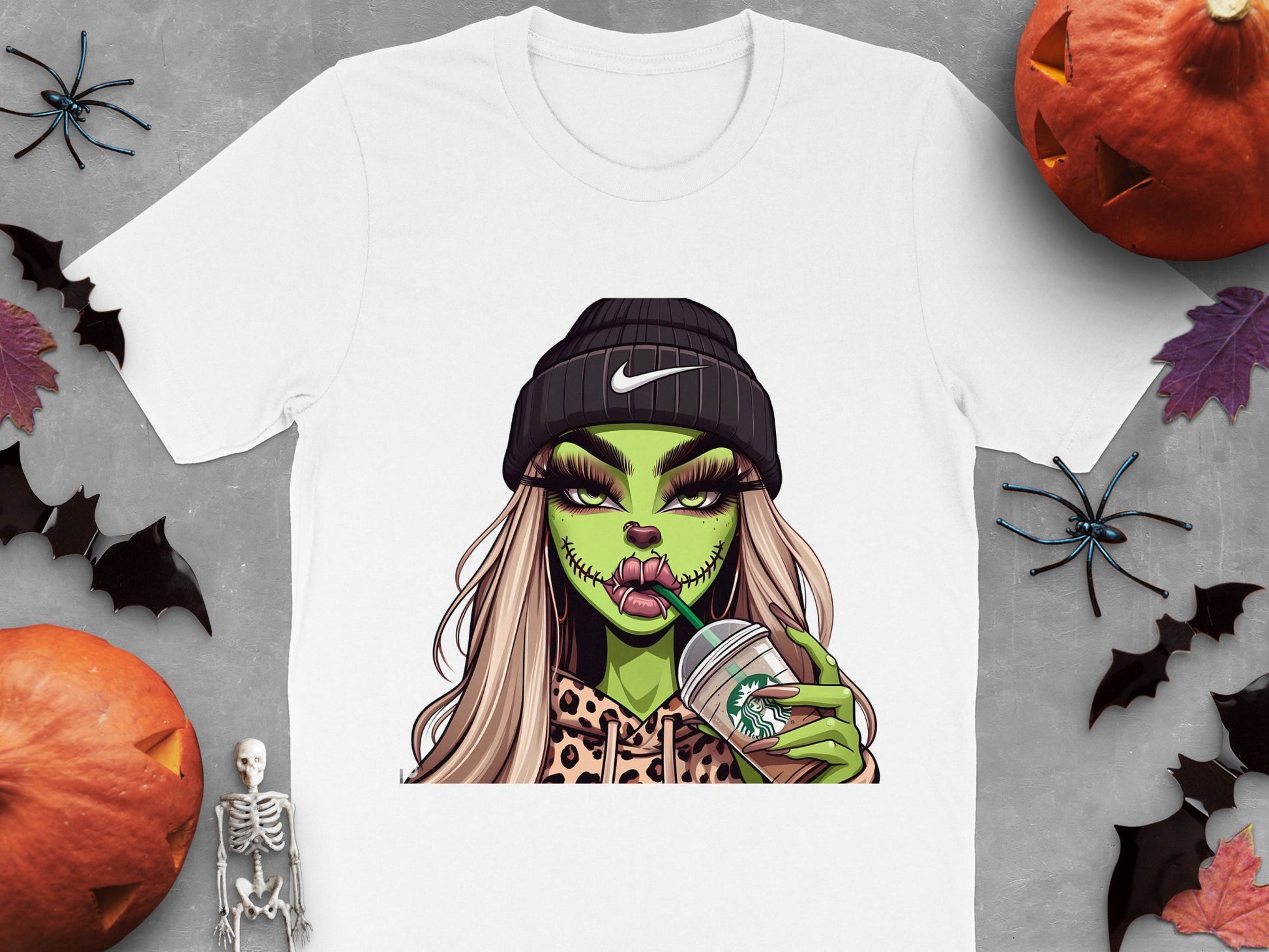 Halloween Witch Graphic T-Shirt, Trendy Nike Hat, Leopard Print, Spooky Season, Hipster Witch with Coffee Tee