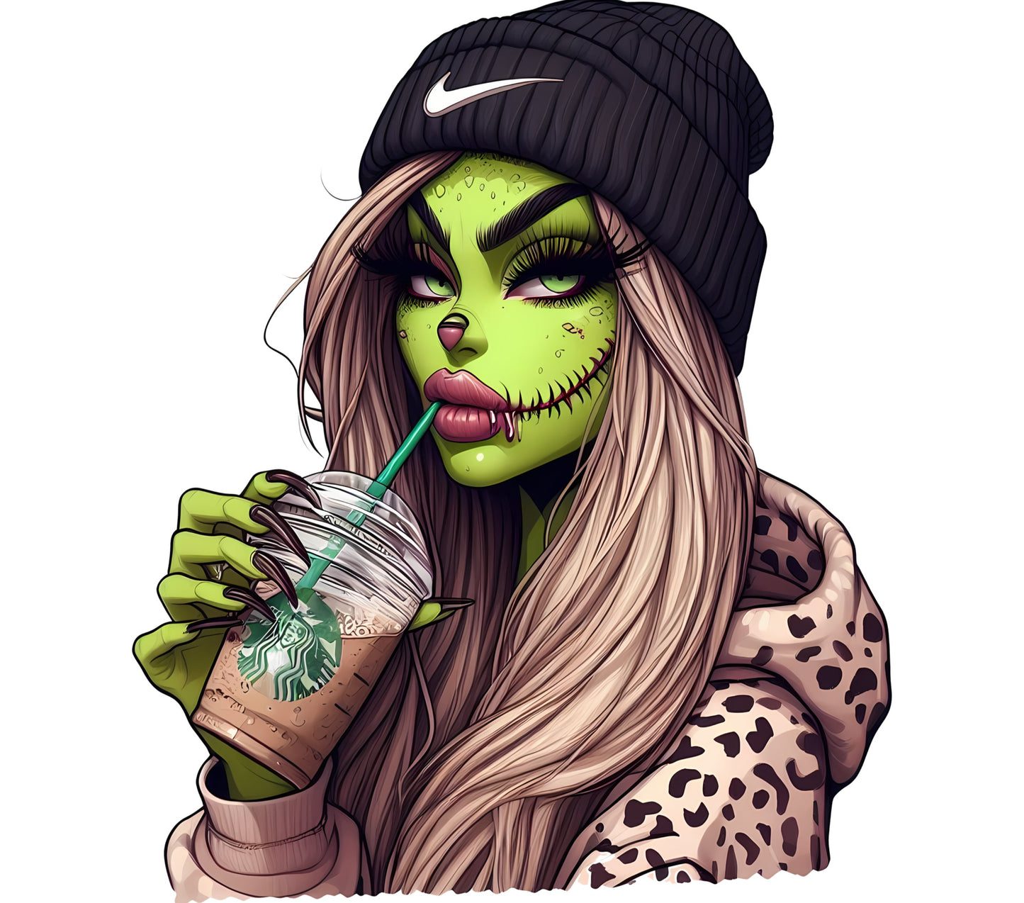 Zombie Girl Drinking Coffee Art Print, Modern Halloween Wall Decor, Urban Style Fashion Illustration