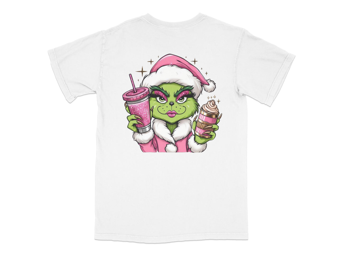 Grinch Christmas T-Shirt, Santa Hat, Holding Coffee and Ice Cream, Festive Holiday Apparel, Unisex White Tee, Casual Winter Fashion
