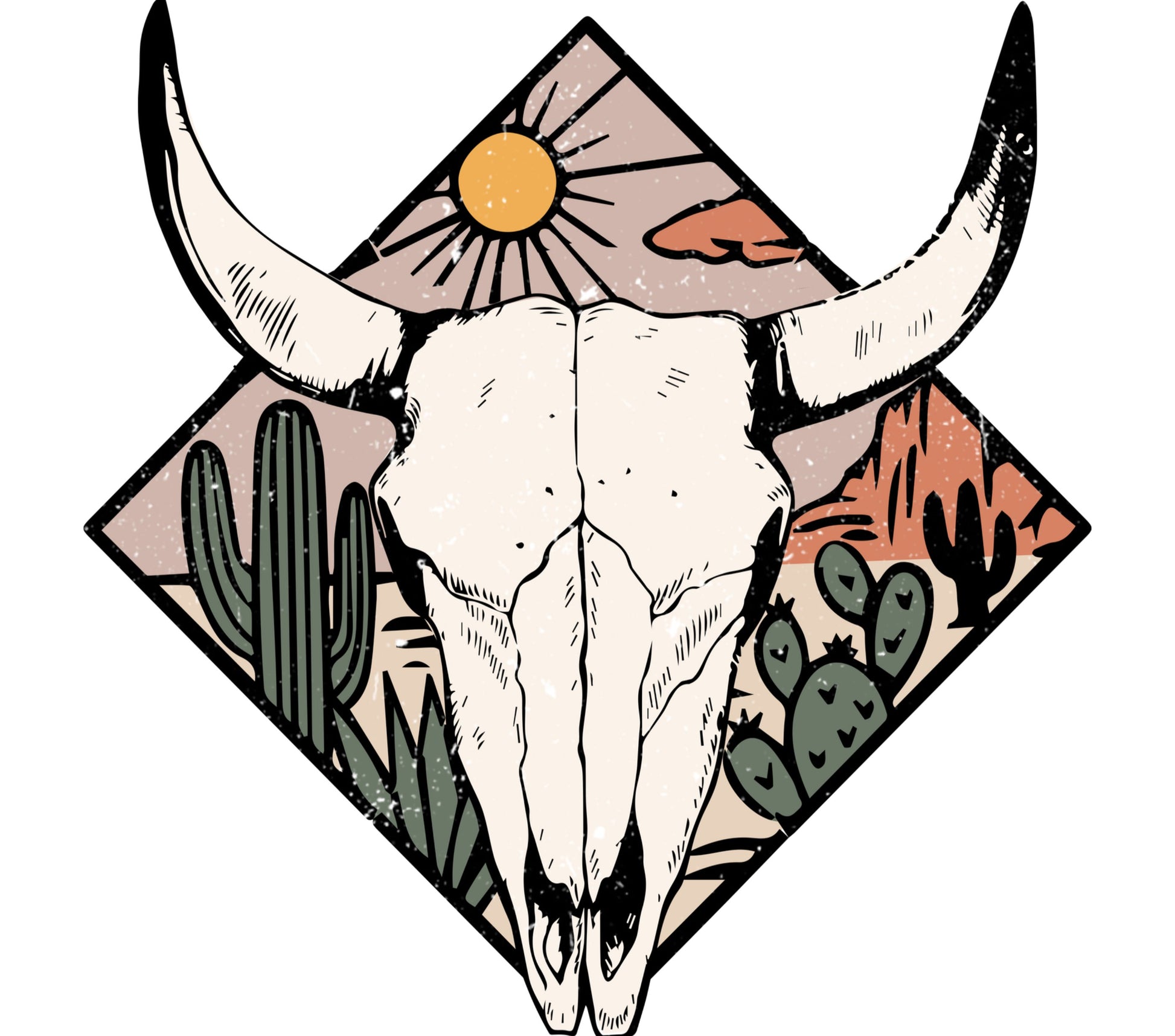 Southwestern Art Print Cow Skull Desert Cactus Sun Mountains Boho Wall Decor