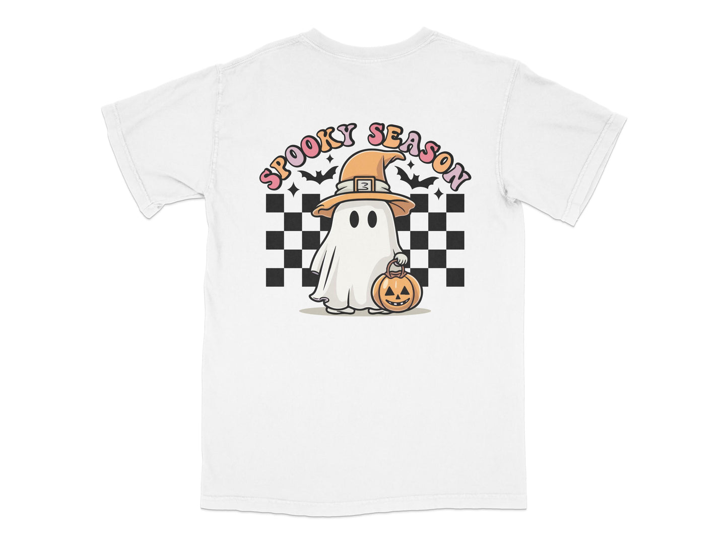 Spooky Season Ghost and Pumpkin Checkered Halloween T-Shirt, Cute Fall Graphic Tee, Unisex Holiday Shirt