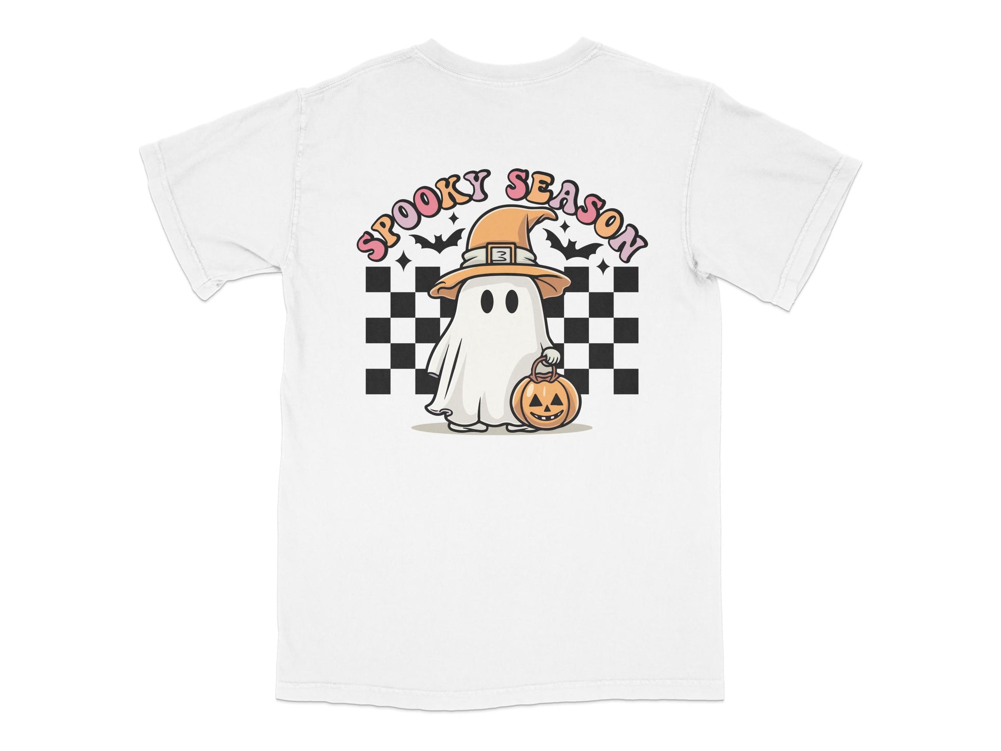 Spooky Season Ghost and Pumpkin Checkered Halloween T-Shirt, Cute Fall Graphic Tee, Unisex Holiday Shirt