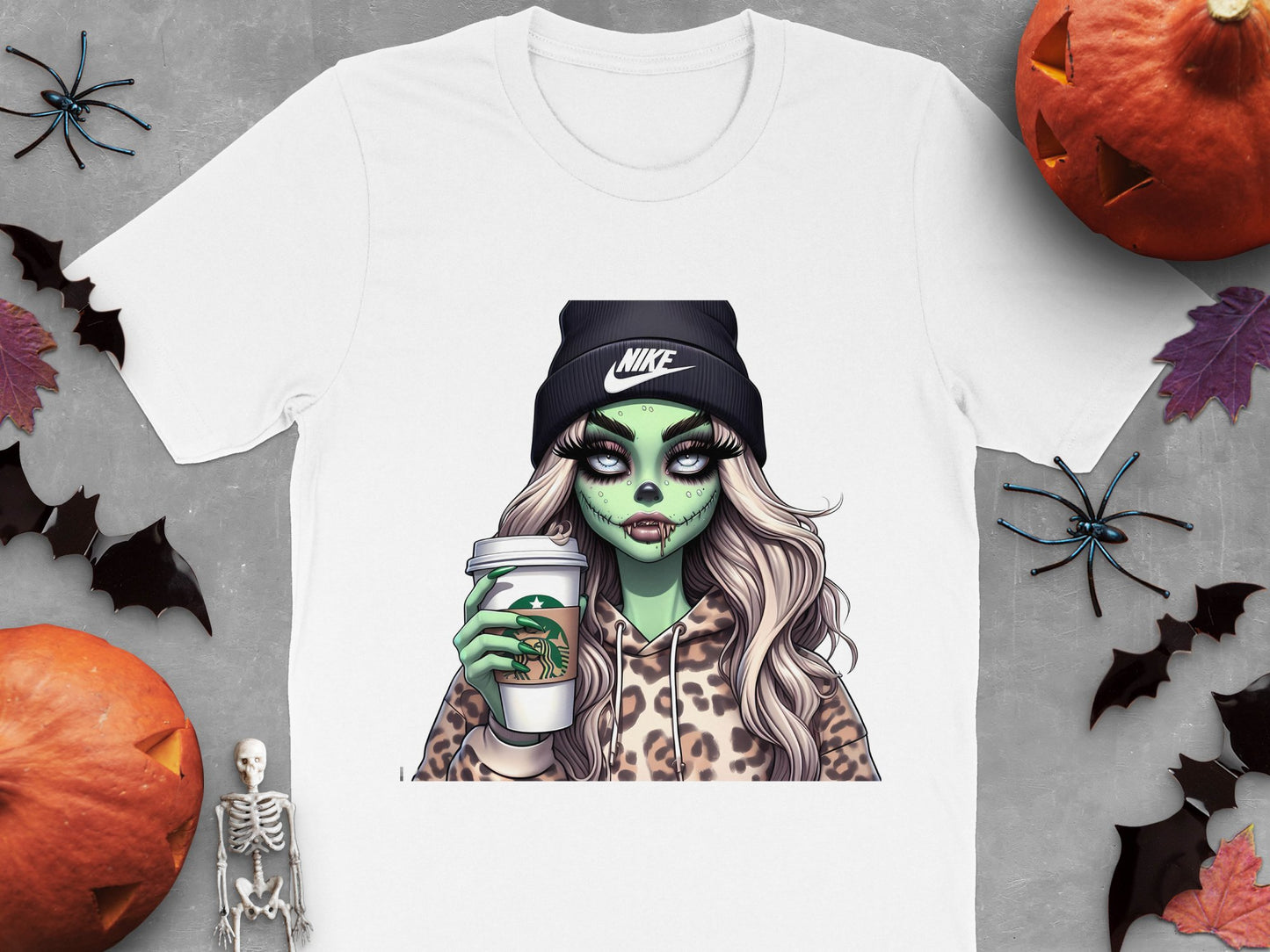Zombie Girl Graphic T-Shirt, Leopard Print Fashion, Spooky Halloween Casual Wear, Unique Monster Art Tee