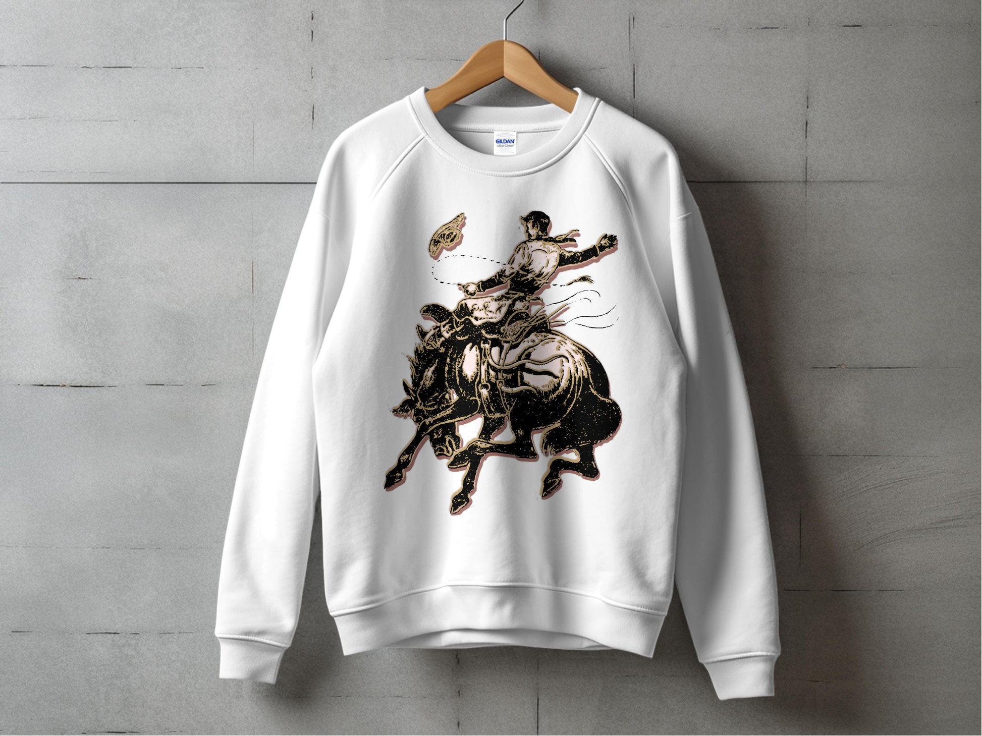 Samurai Riding Horse Graphic Sweatshirt, Vintage Japanese Warrior Print Pullover, Unisex White Sweater