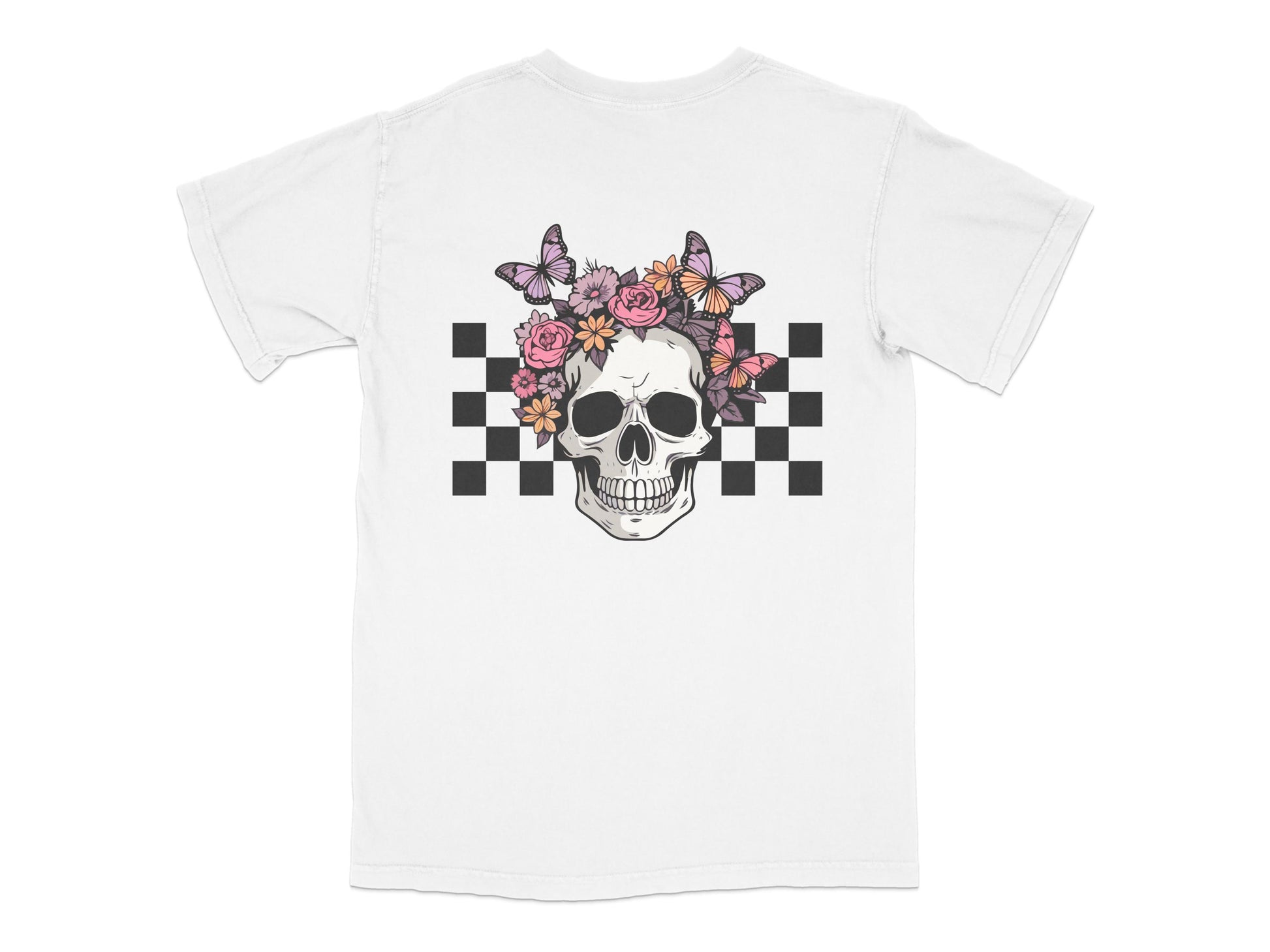 Gothic Skull T-Shirt with Floral Crown and Checkerboard, Unisex Cotton Tee, Trendy Graphic Shirt