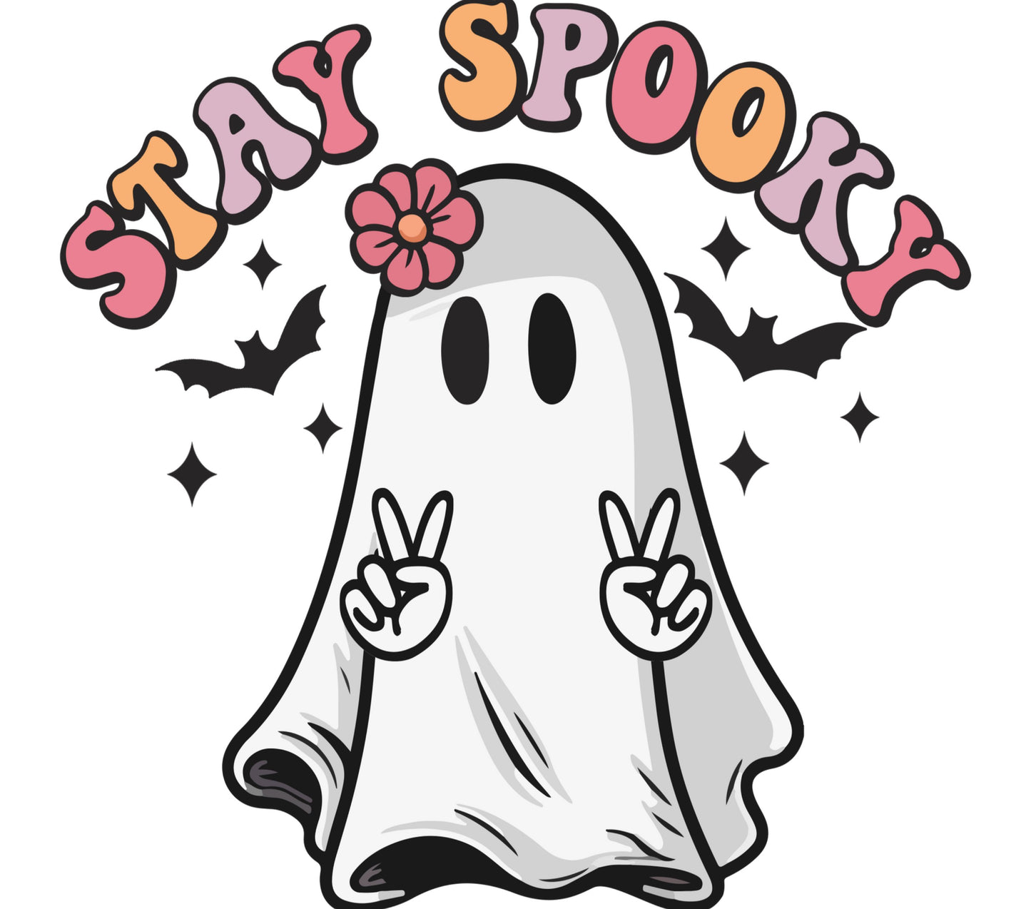 Cute Ghost Stay Spooky Cartoon Graphic, Halloween Themed Decoration, Pink Flower, Kid-Friendly Ghost Design for Shirts and Stickers