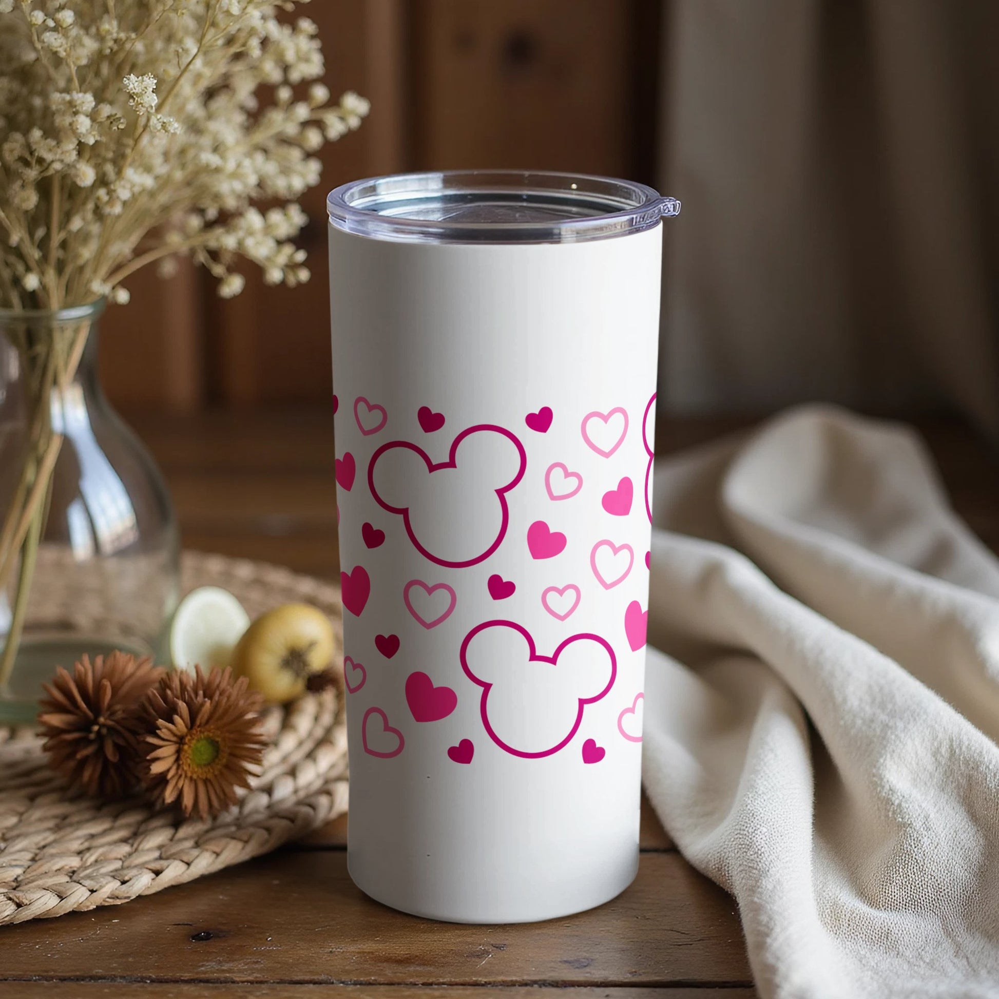 Cute Mouse Head and Hearts Tumbler, Stainless Steel Travel Mug, Pink and White Valentine's Day Gift