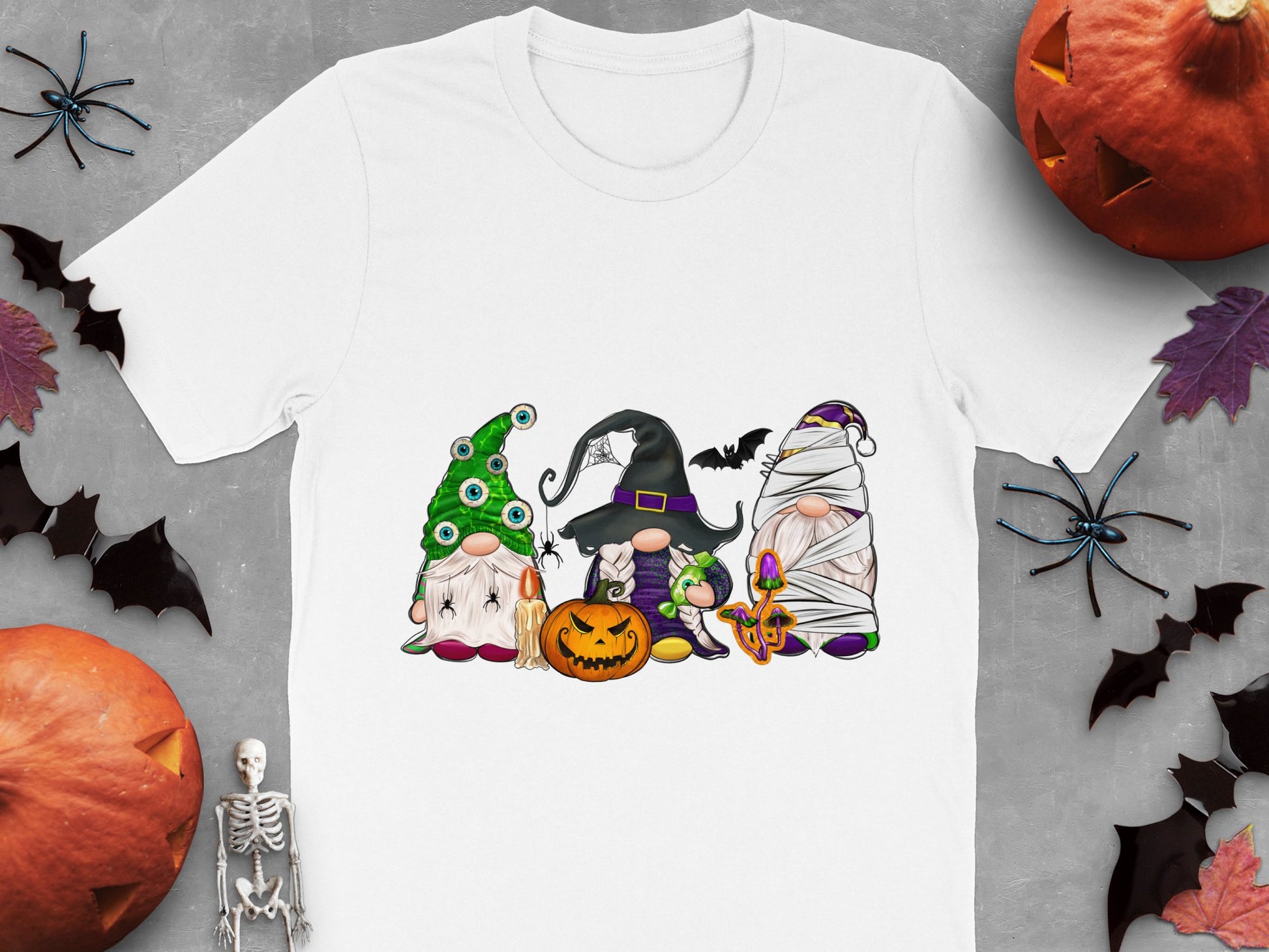Halloween Themed T-Shirt with Witch, Pumpkin, Ghosts, and Skeleton Design, Festive Fall Apparel