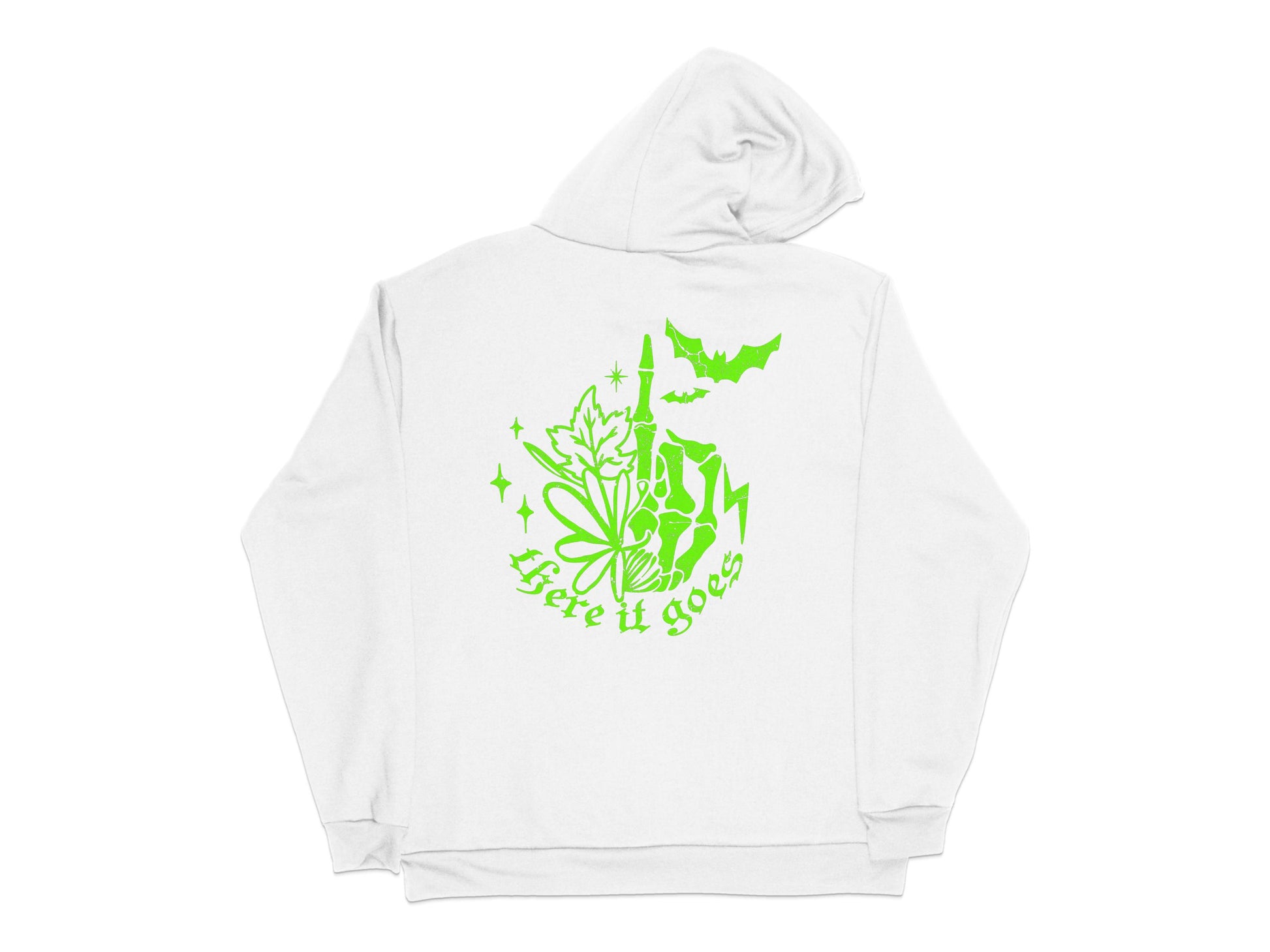 Unisex White Hoodie with Green Graphic, Rose and Bats Design, Unique Casual Wear