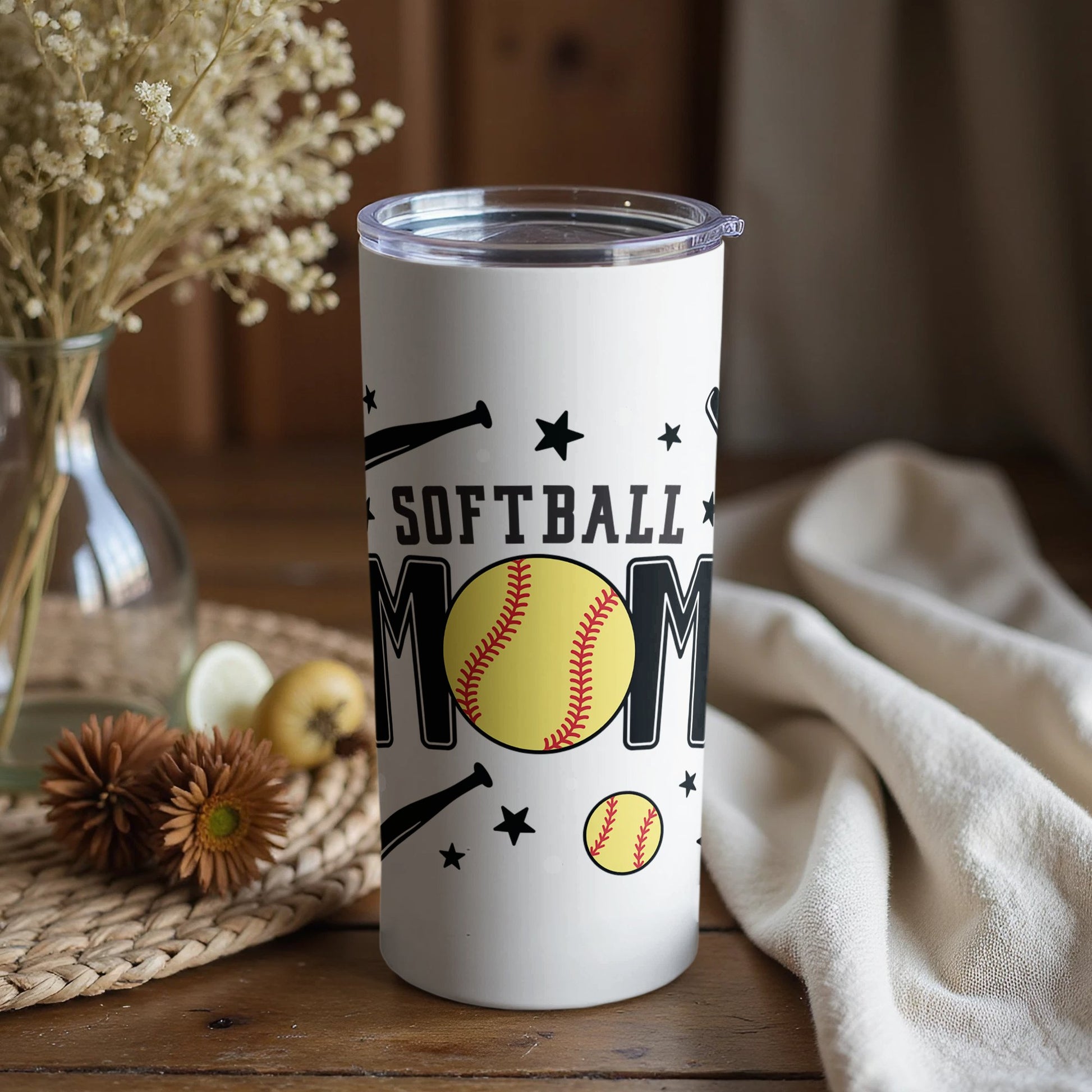 Softball Mom Insulated Tumbler, Personalized Sports Drinkware, Custom Softball Gift, Thermal Cup for Softball Fans, 20 oz White Tumbler