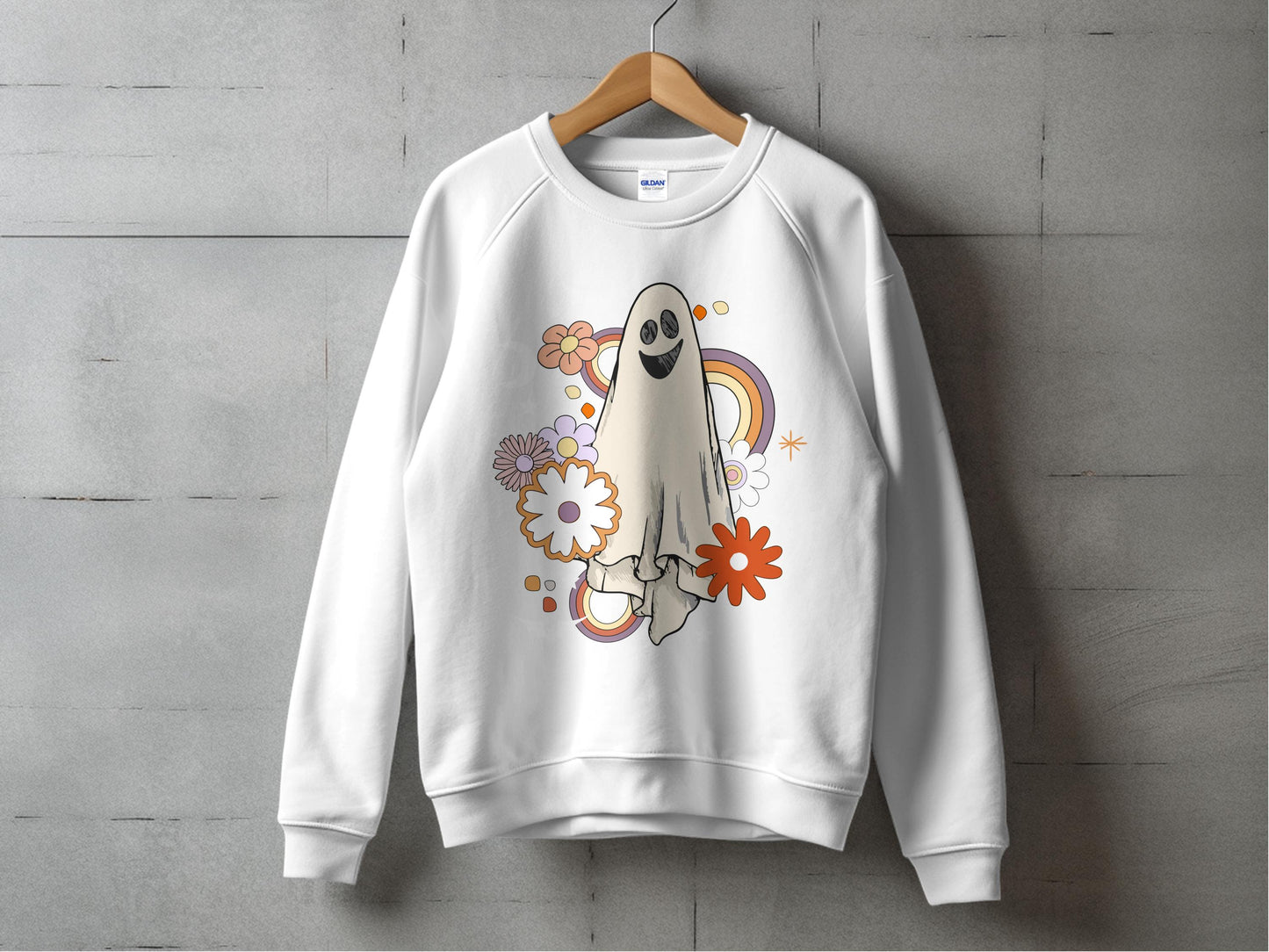 Cute Ghost Graphic Sweatshirt, Floral Design, Casual White Crewneck Pullover, Unisex Fashion