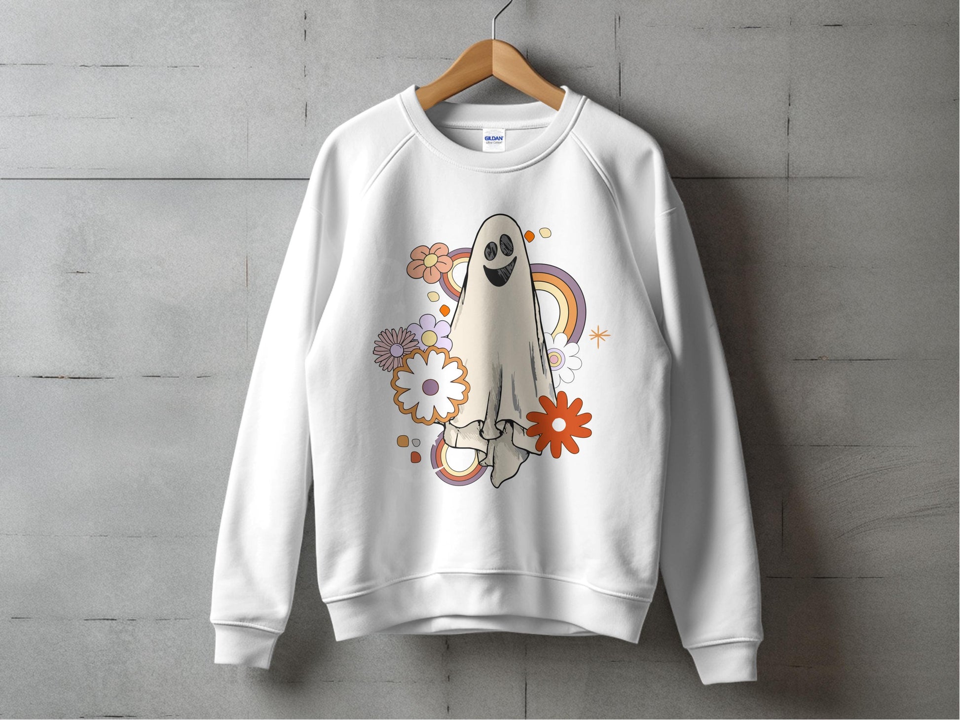 Cute Ghost Graphic Sweatshirt, Floral Design, Casual White Crewneck Pullover, Unisex Fashion