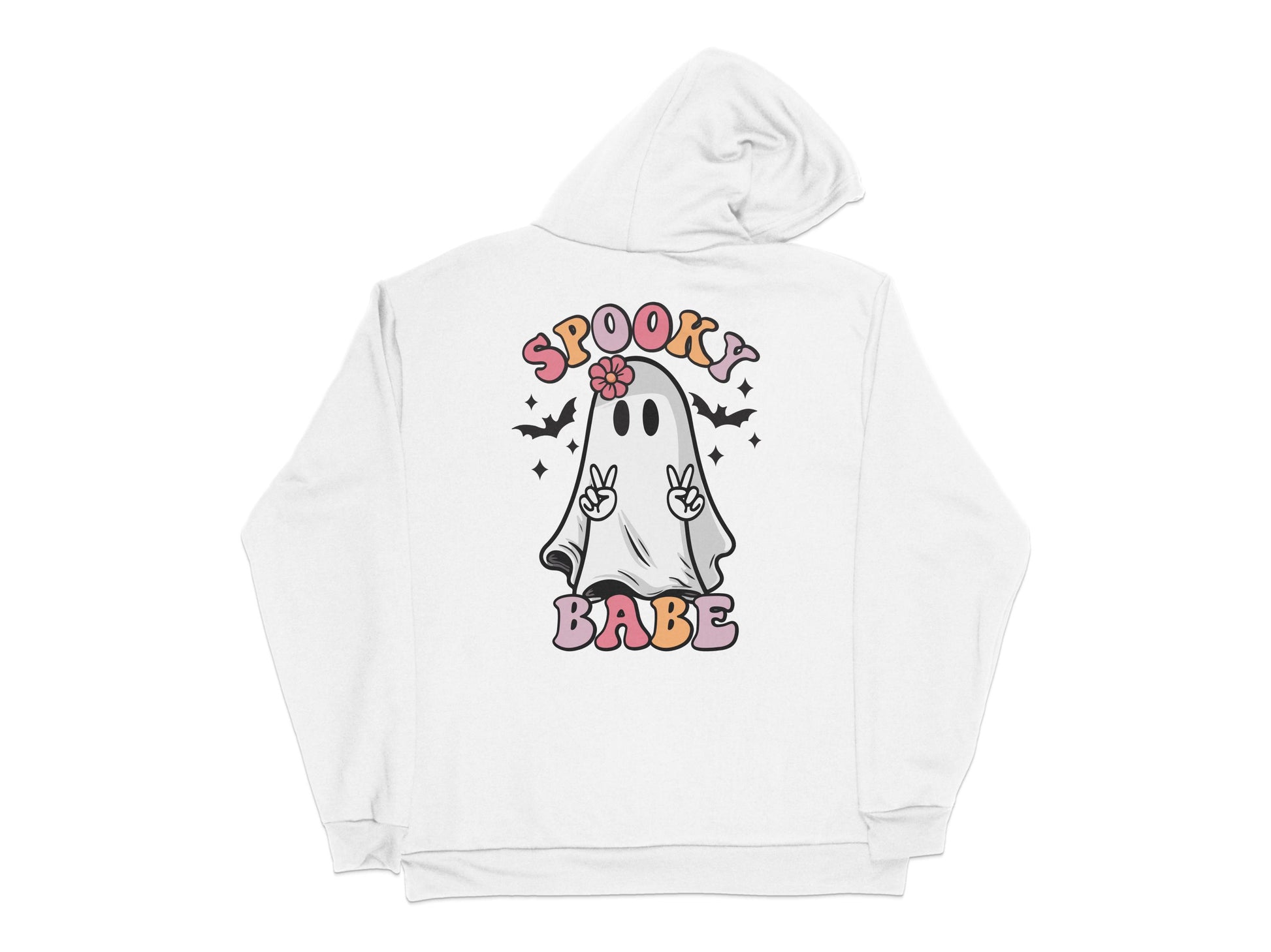 Spooky Babe Ghost Hoodie, Cute Halloween Graphic Sweatshirt, Women's Casual Autumn Outerwear, White Hooded Top