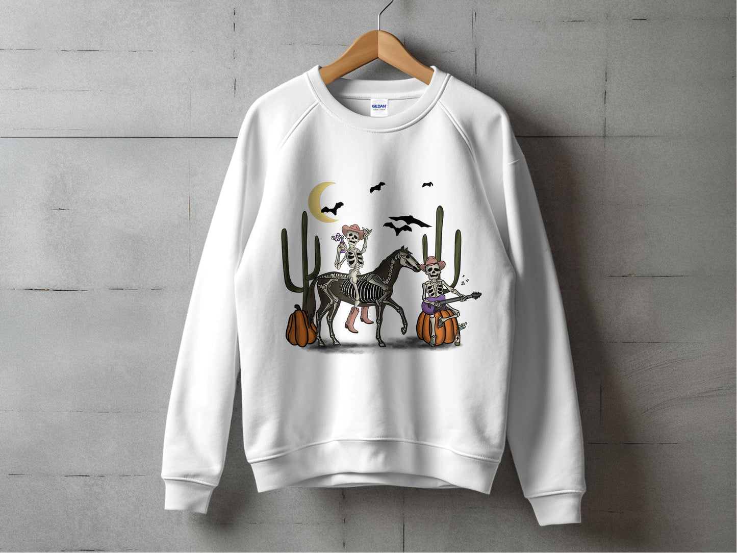 Halloween Sweatshirt, Cats Skeleton Costume, Moon Bats Graphic, Unisex Crewneck Pullover, Fall Apparel Gift