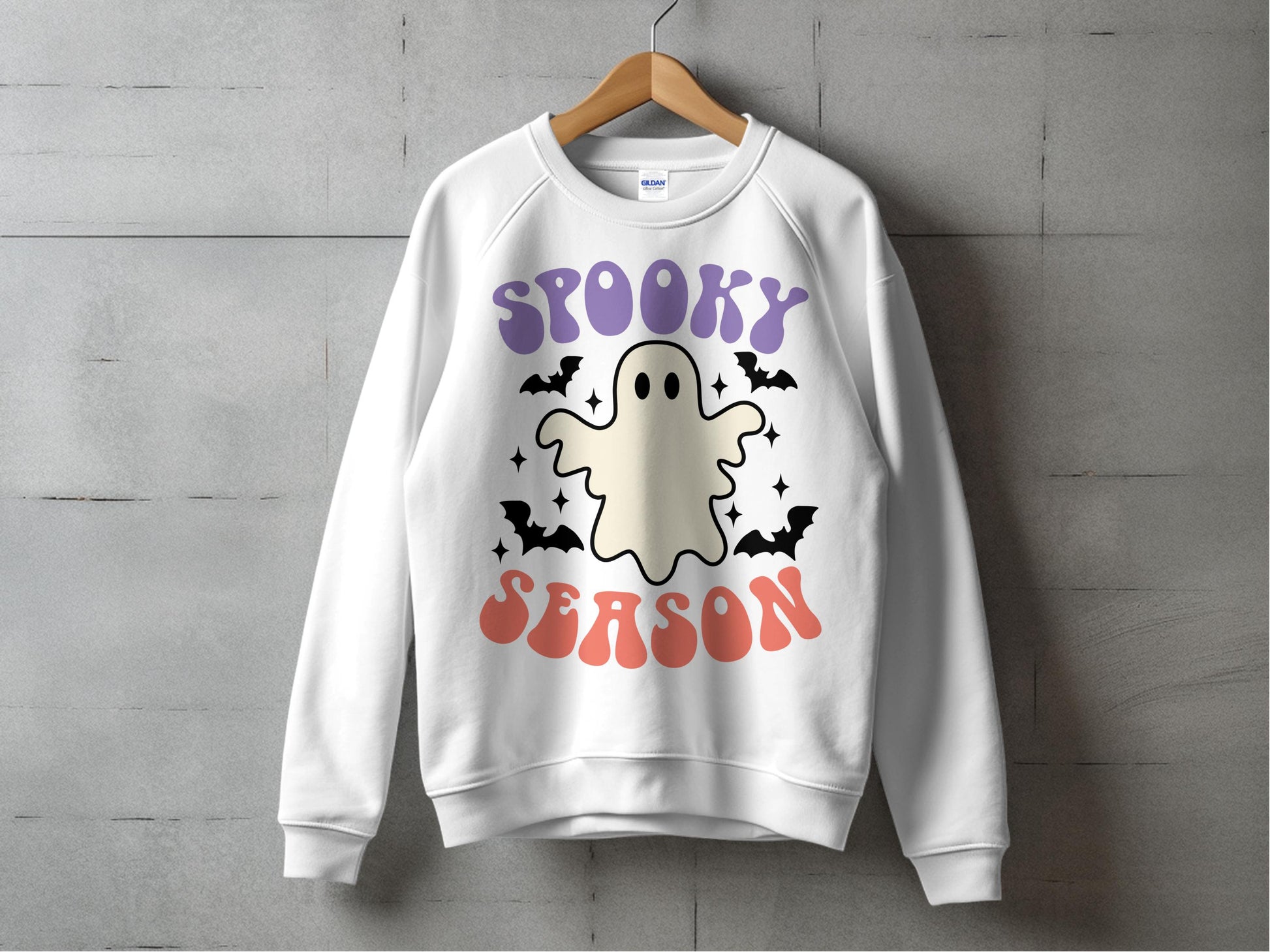 Spooky Season Ghost and Bats Graphic Sweatshirt, Halloween Themed Casual Apparel for Fall