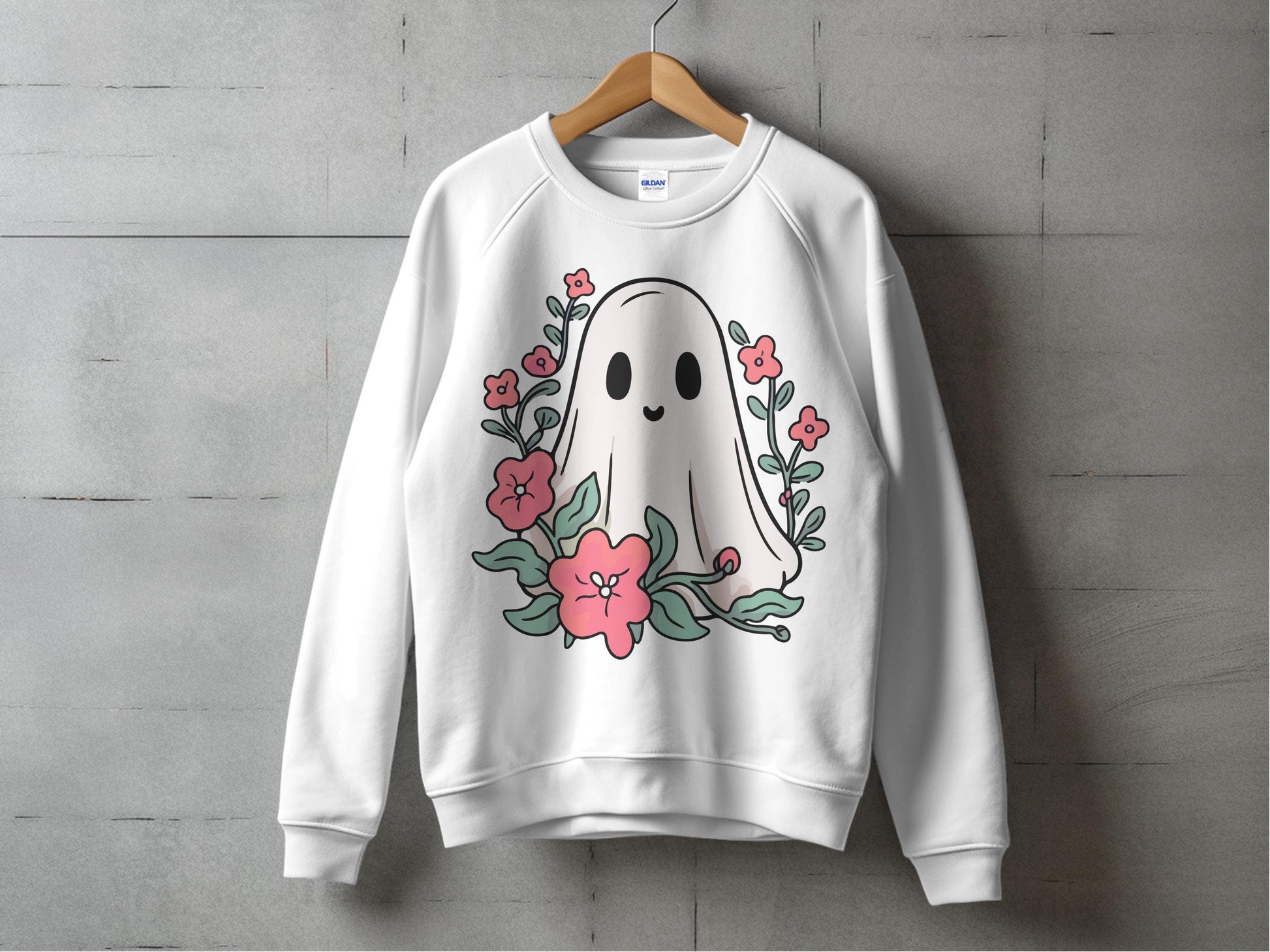Cute Ghost Graphic Sweatshirt, Floral Design, White Unisex Pullover, Casual Comfy Apparel