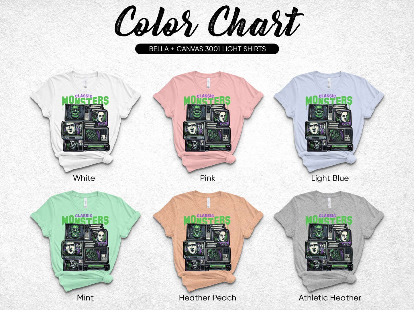 Bella Canvas 3001 Light T-Shirts, Classic Monsters Graphic, Various Colors Available