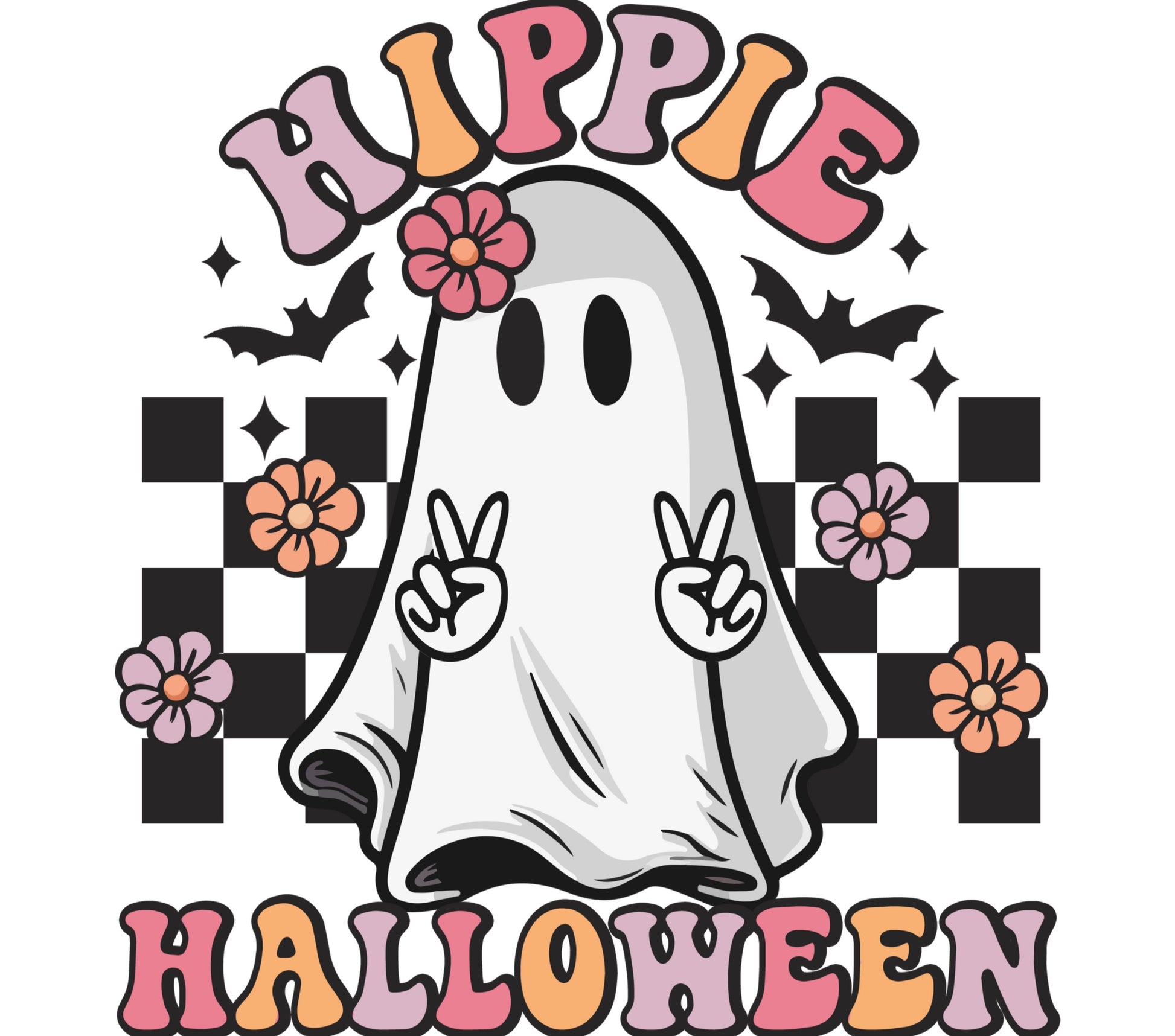 Hippie Halloween Ghost T-Shirt, Peace Sign, Floral Ghost, Vintage Retro Style, Checkered Background, Unisex Clothing