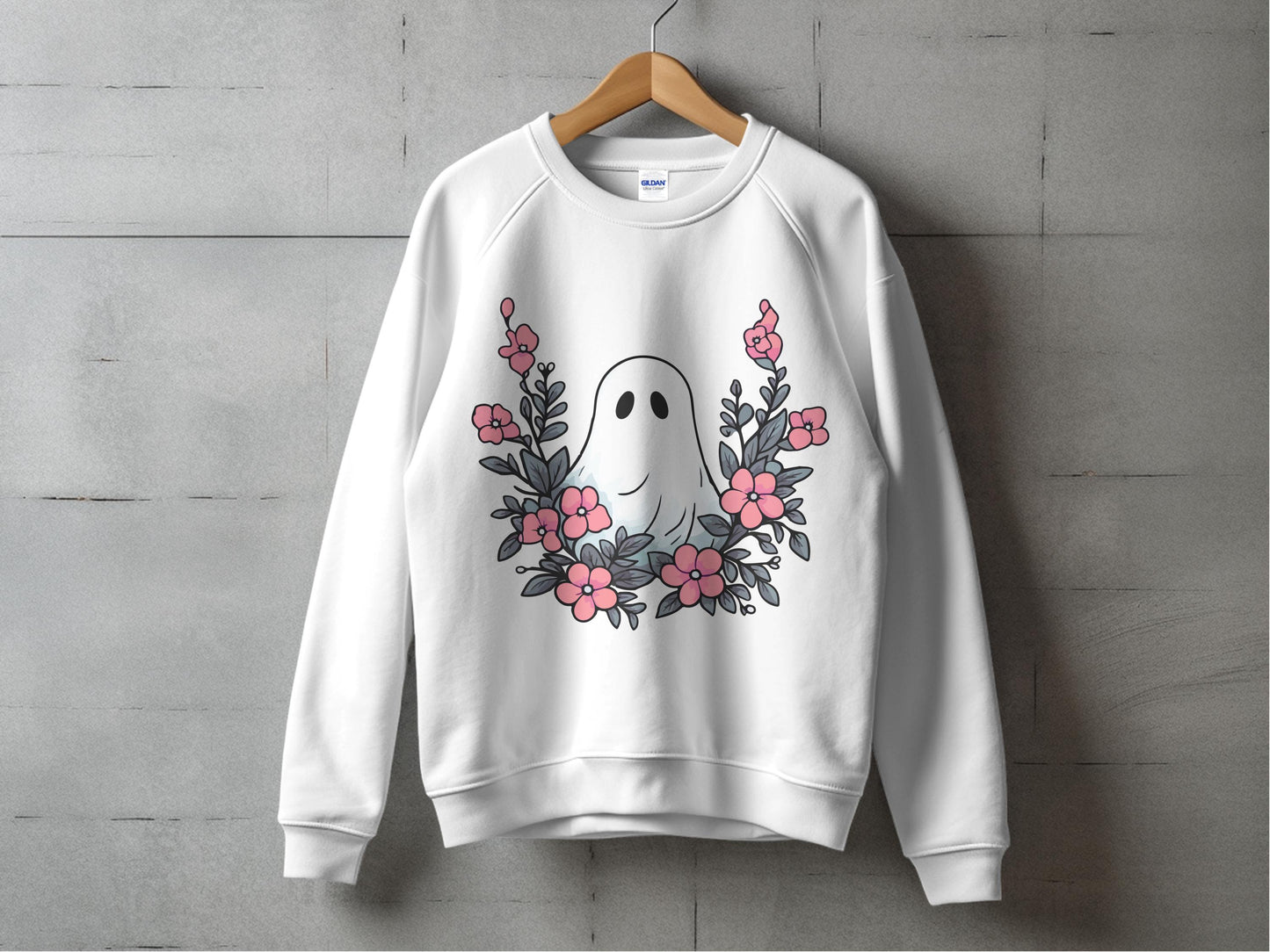 Cute Ghost and Flowers Graphic Sweatshirt, Unisex White Pullover, Casual Floral Print Top