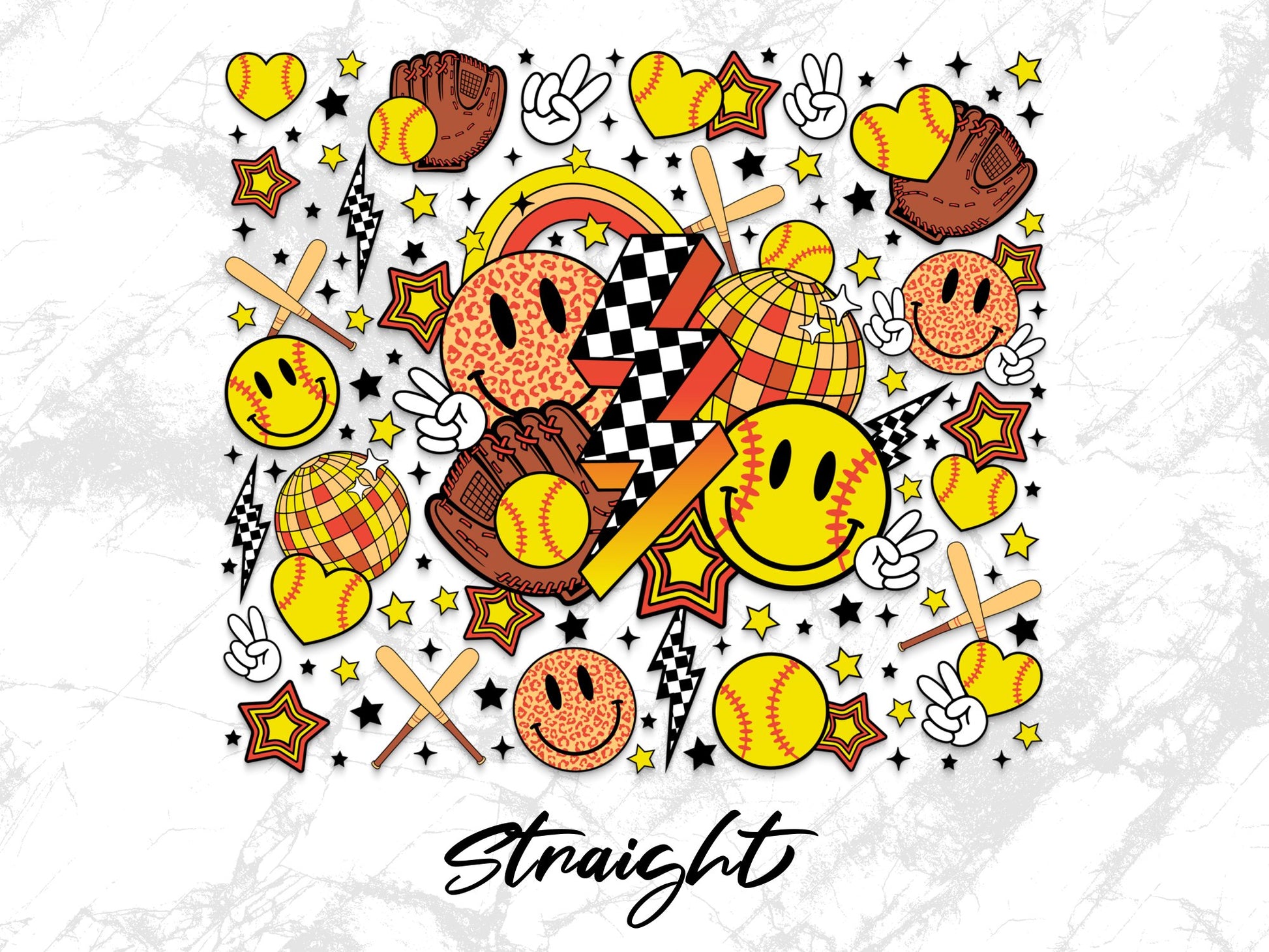 Colorful Baseball Disco Ball Pattern, Sporty Glove Stars Checkered Design, Digital Download Artwork for Printing