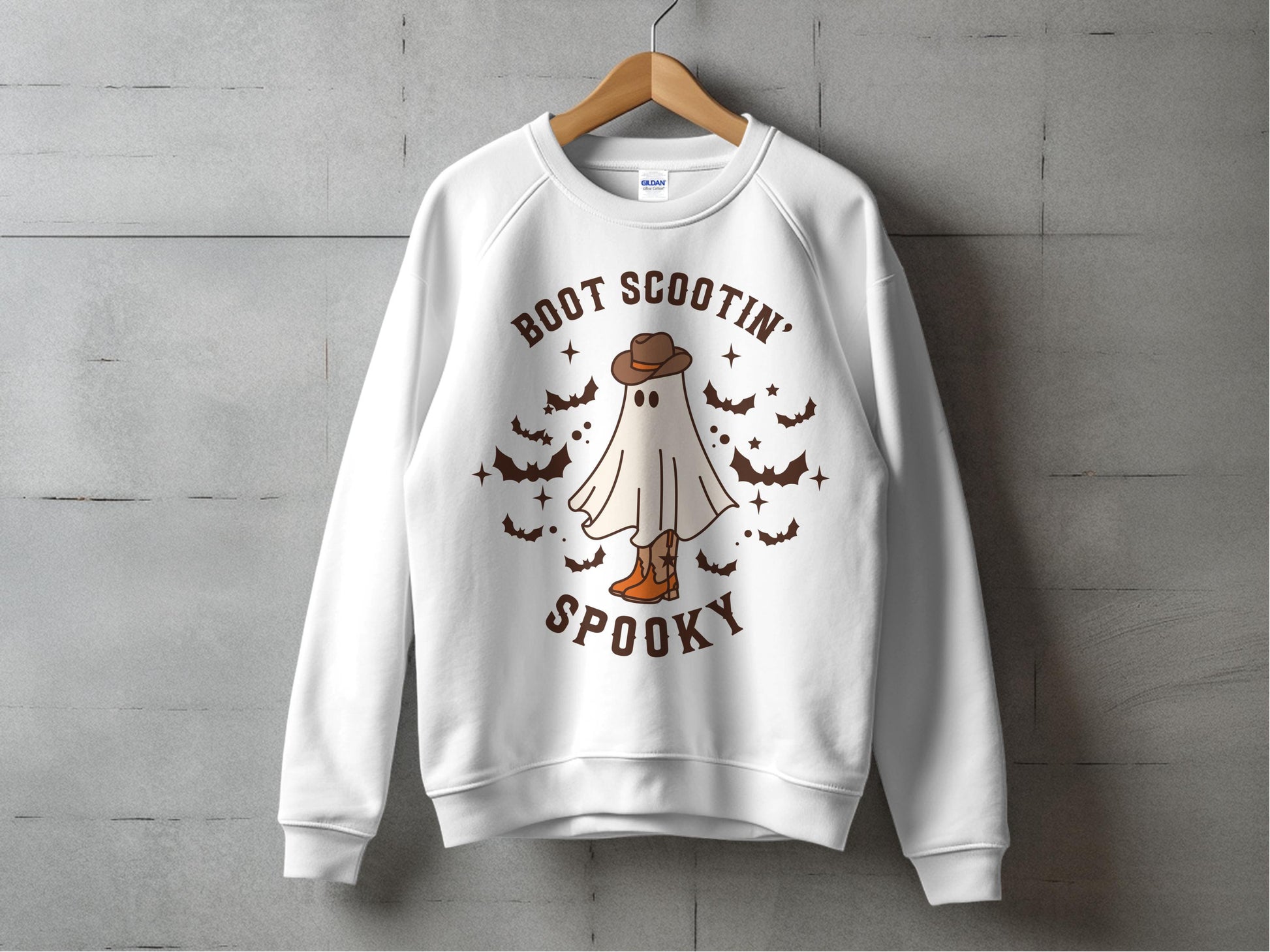 Boot Scootin' Spooky Sweatshirt, Halloween Ghost Graphic, Autumn Casual Wear, Unisex Fall Pullover Top