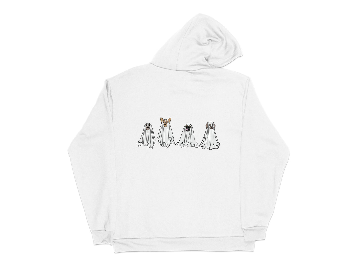 White Hoodie with Cute Ghost Dogs Print, Unisex Casual Pullover, Halloween Apparel
