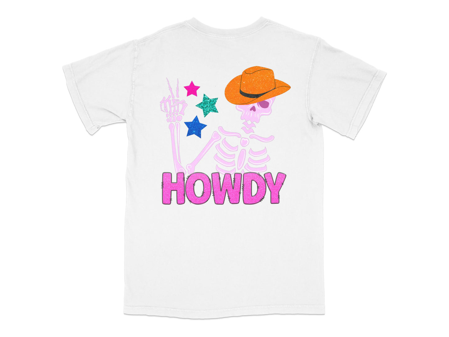 Kids Cowboy Skeleton T-Shirt, Glitter Stars, Orange Hat, Howdy Text, Cute Unisex Children's Tee