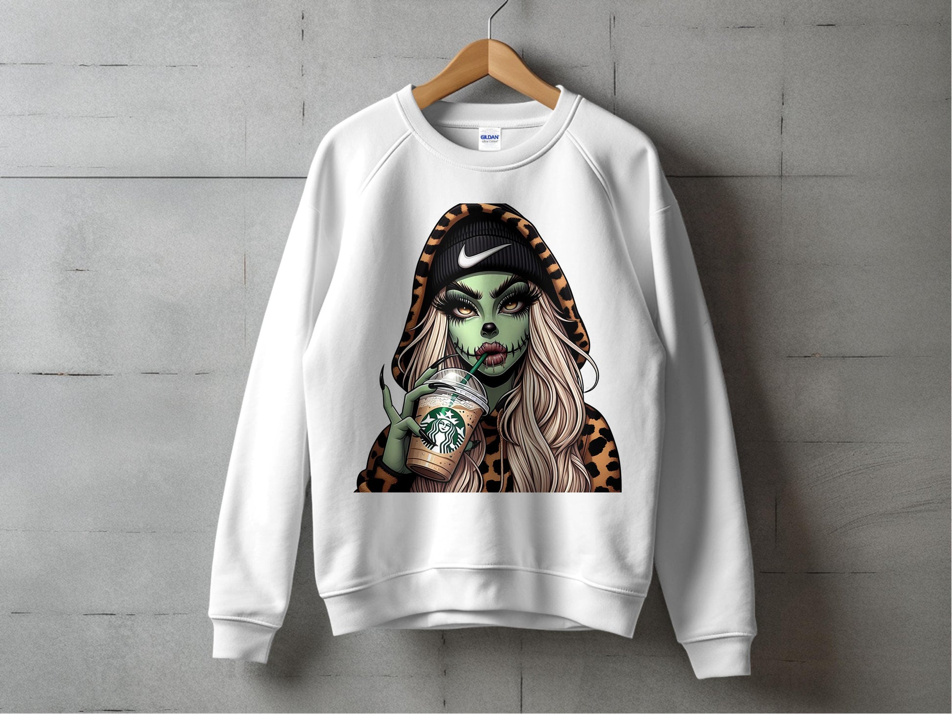 Gothic Zombie Girl Graphic Sweatshirt, Trendy Monster Coffee Lover Crewneck, Casual Spooky Fashion Pullover, Urban Style Top
