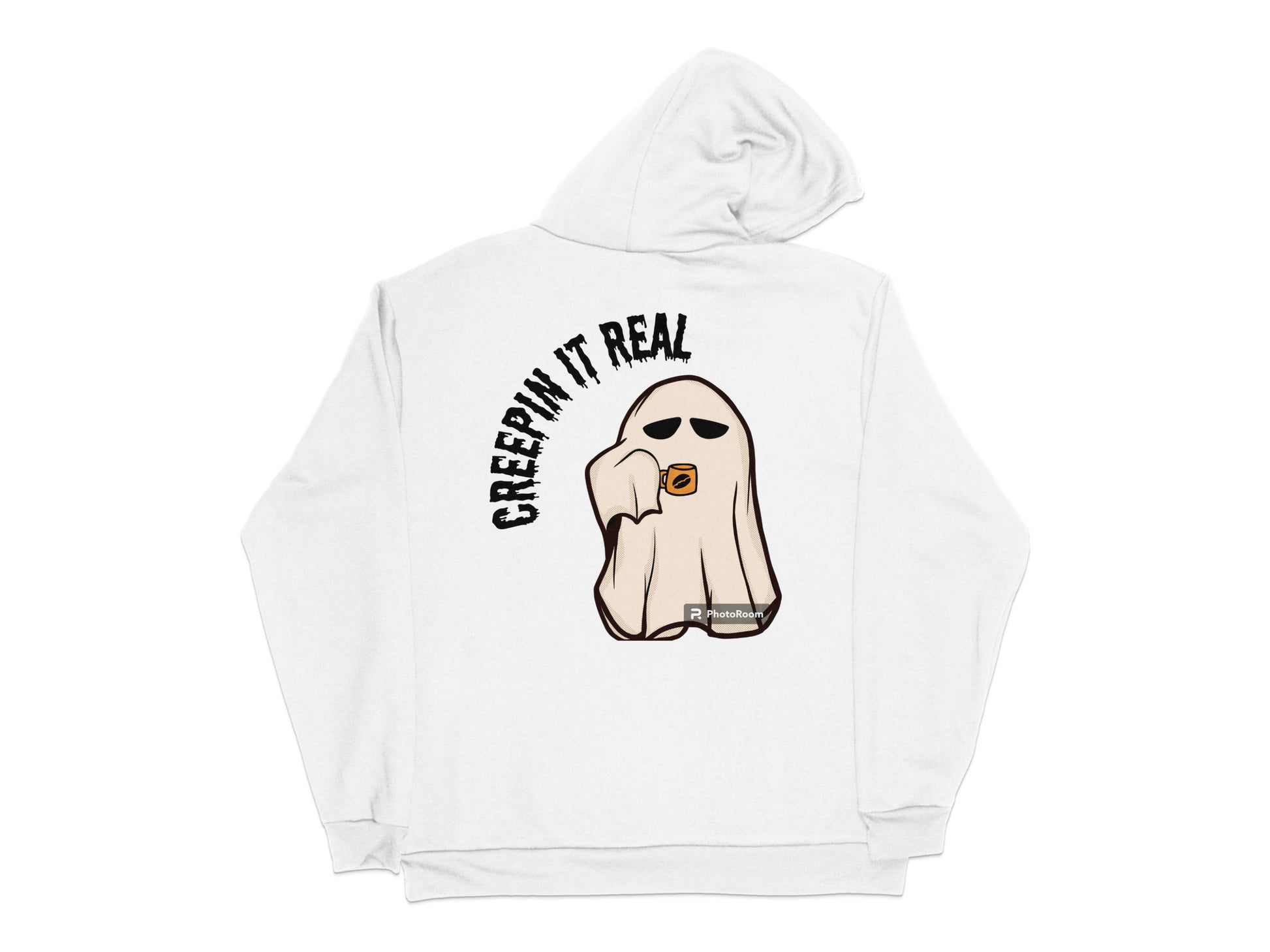 Creepin' It Real Ghost Graphic Hoodie, Funny Halloween Sweatshirt, Unisex White Hooded Top