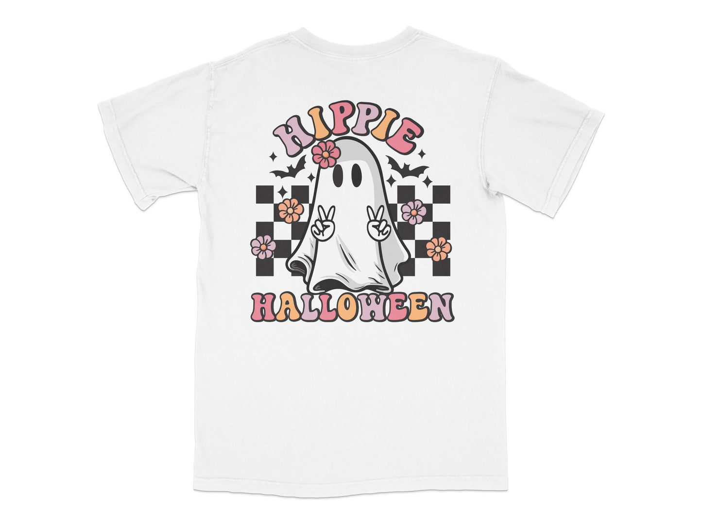 Hippie Halloween Ghost T-Shirt, Cute Peace Sign Ghost, Floral Design, Unisex White Tee for All Ages