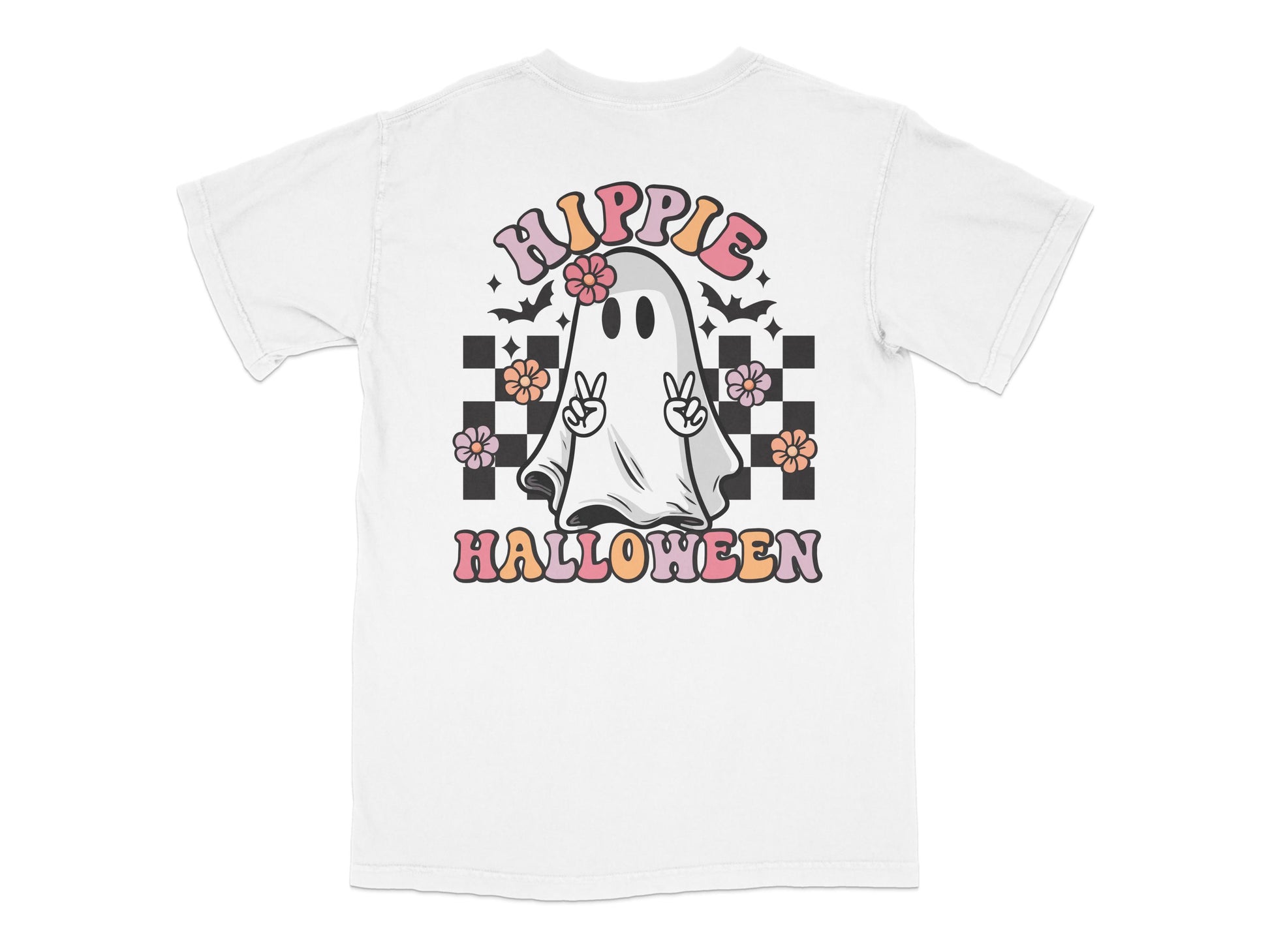 Hippie Halloween Ghost T-Shirt, Cute Peace Sign Ghost, Floral Design, Unisex White Tee for All Ages