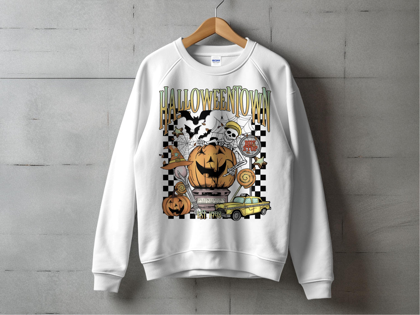 Halloween Town Graphic Sweatshirt, Vintage Pumpkin Print, Autumn Casual Top, Spooky Season Apparel, Cozy Fall Clothing