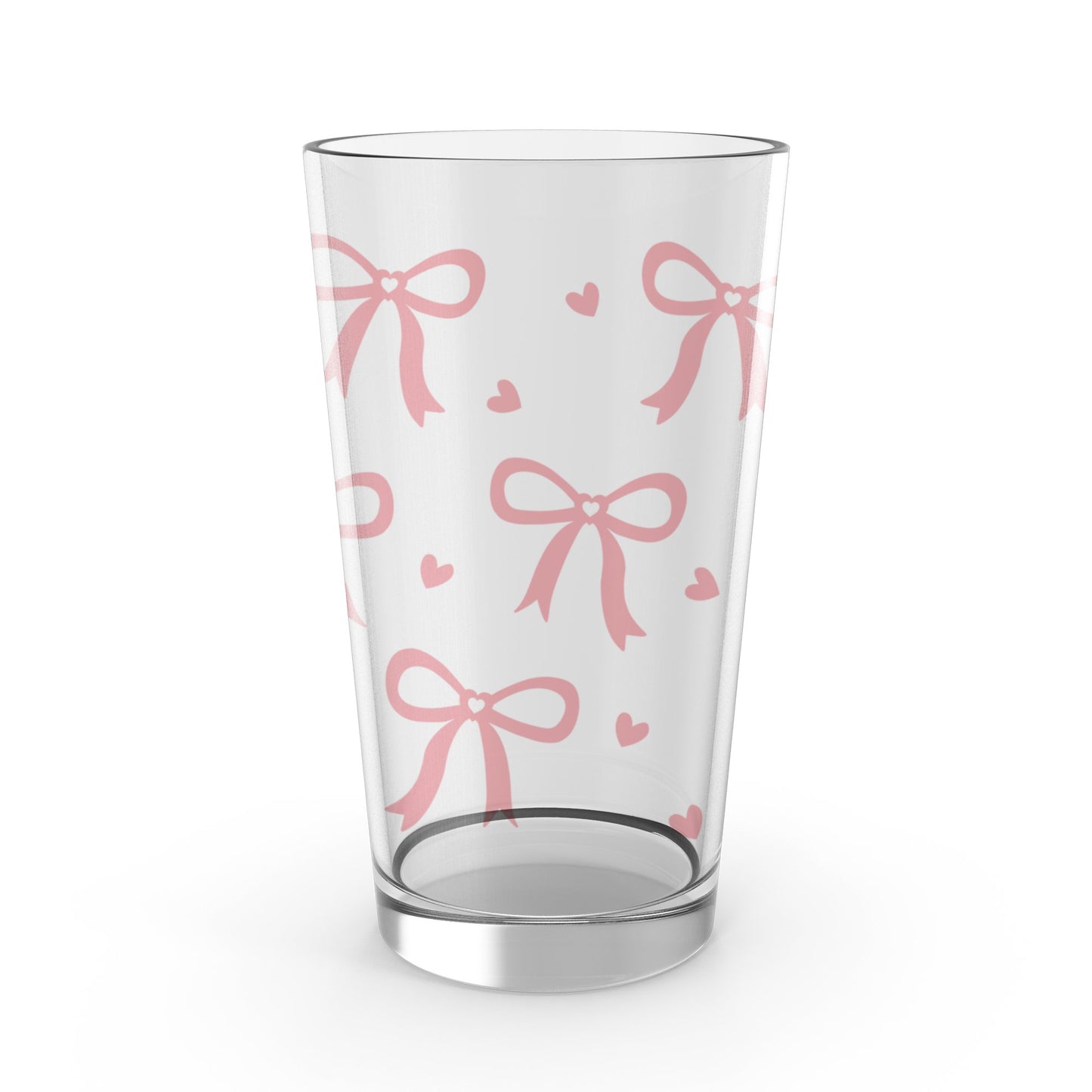 Pink Bow and Heart Pattern Glass Tumbler, Romantic Drinkware, Elegant Gift Idea, Love Themed Kitchen Decor