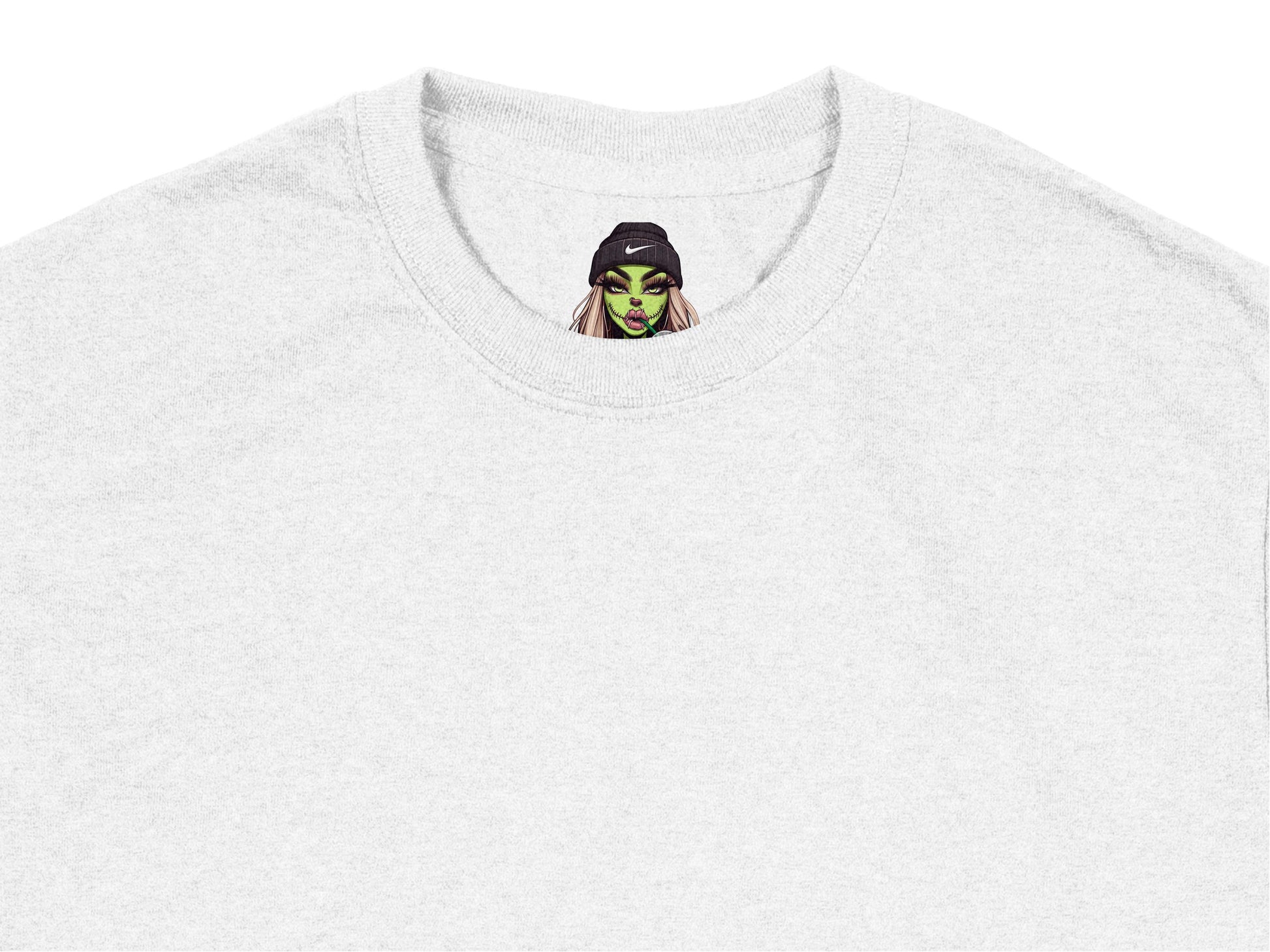 Unique Grey T-Shirt with Small Graphic Witch Face, Spooky Halloween Casual Wear, Unisex Tops