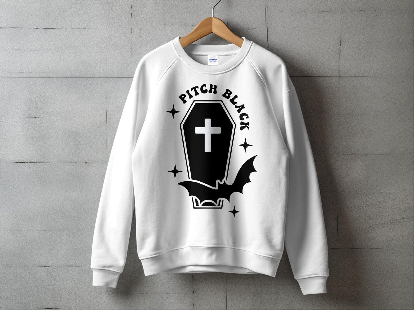 Gothic Pitch Black Sweatshirt with Cross and Bats Design, Unisex White Crewneck Pullover