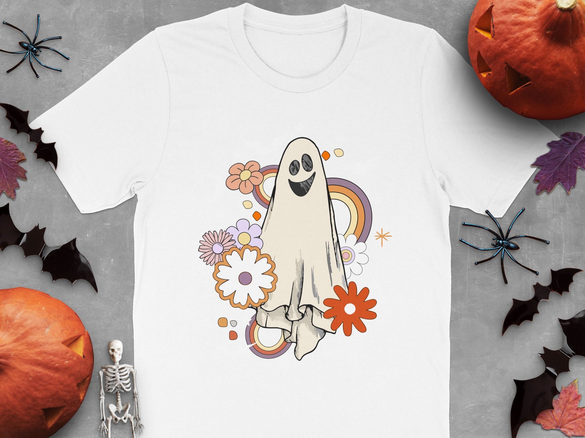Cute Ghost Halloween T-Shirt Floral Design Spooky Fun Autumn Tee Kids Adults Holiday Wear