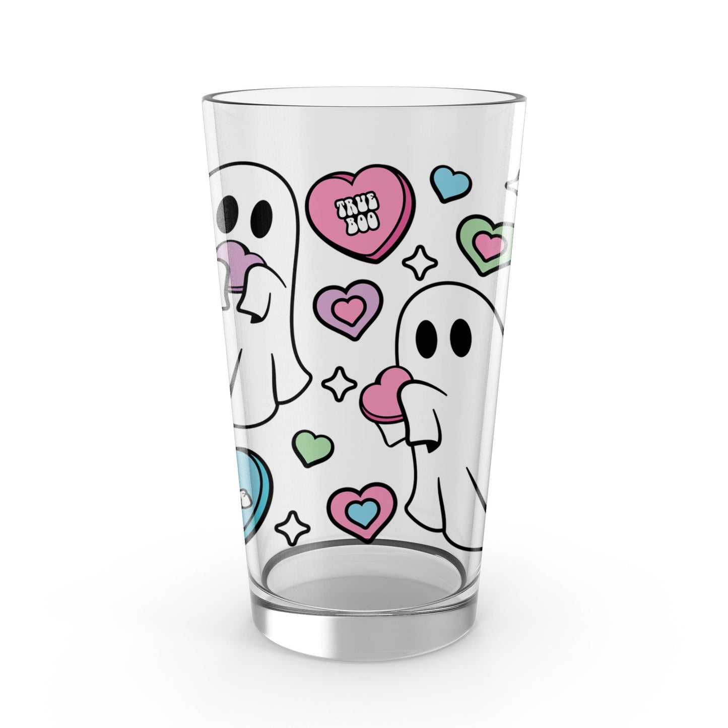 Cartoon Ghosts Glass Tumbler, Cute Spooky Theme Drinkware, Love Hearts Design, Unique Gift Idea