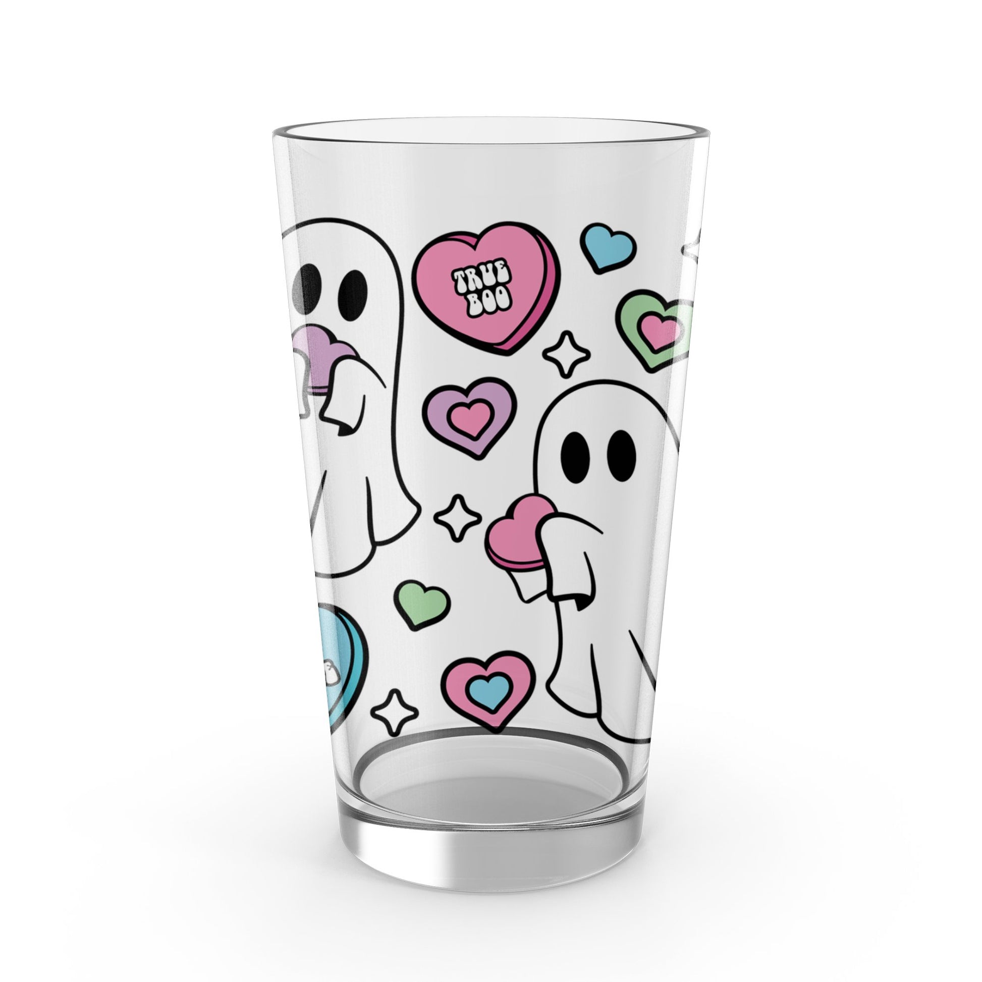 Cartoon Ghosts Glass Tumbler, Cute Spooky Theme Drinkware, Love Hearts Design, Unique Gift Idea