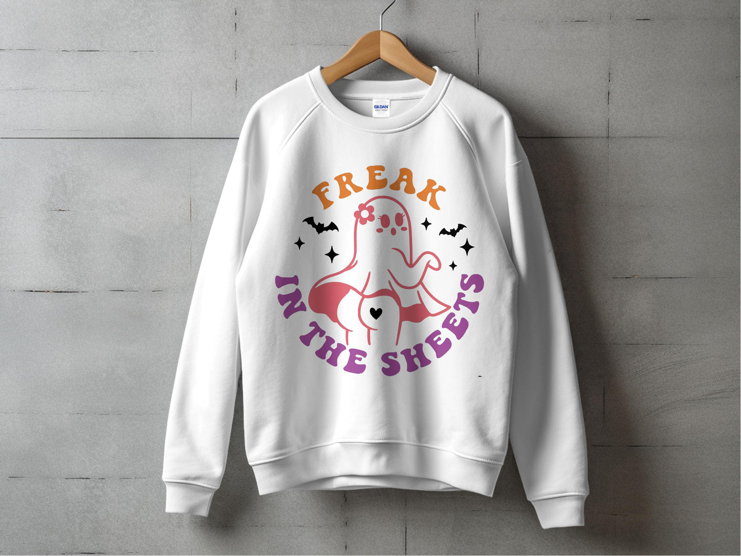 Halloween Ghost Sweatshirt, 'Freak in the Sheets' Funny Pun Spooky Apparel, Unisex Adult Crewneck Pullover, Fall Fashion