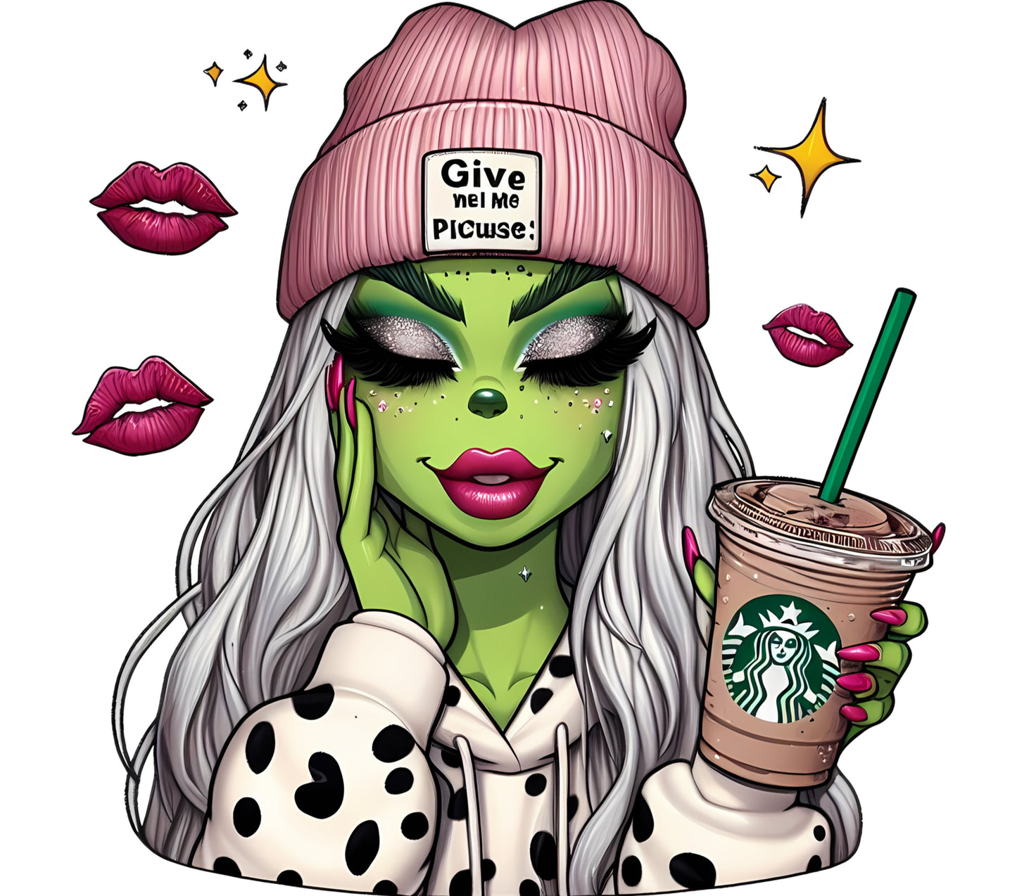 Trendy Green Alien Girl Art Print, Quirky Space Coffee Lover Illustration, Unique Colorful Wall Decor