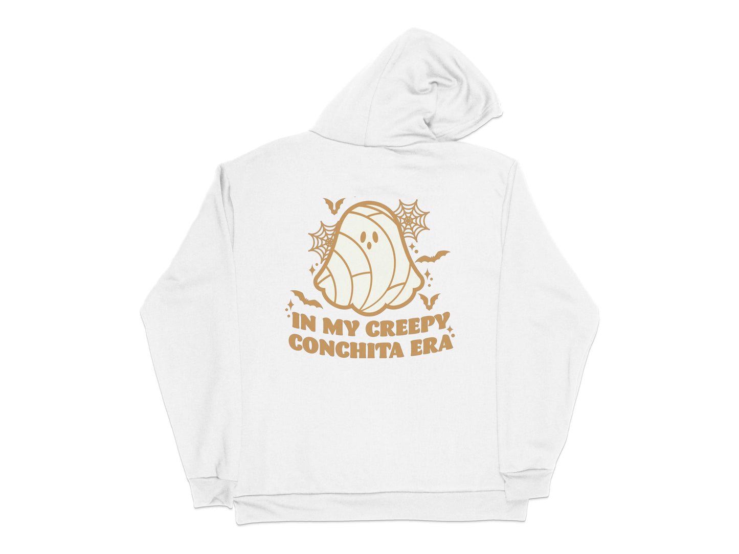 White Hoodie with Ghost Graphic, 'In My Creepy Conchita Era' Back Print, Unisex Pullover Sweatshirt