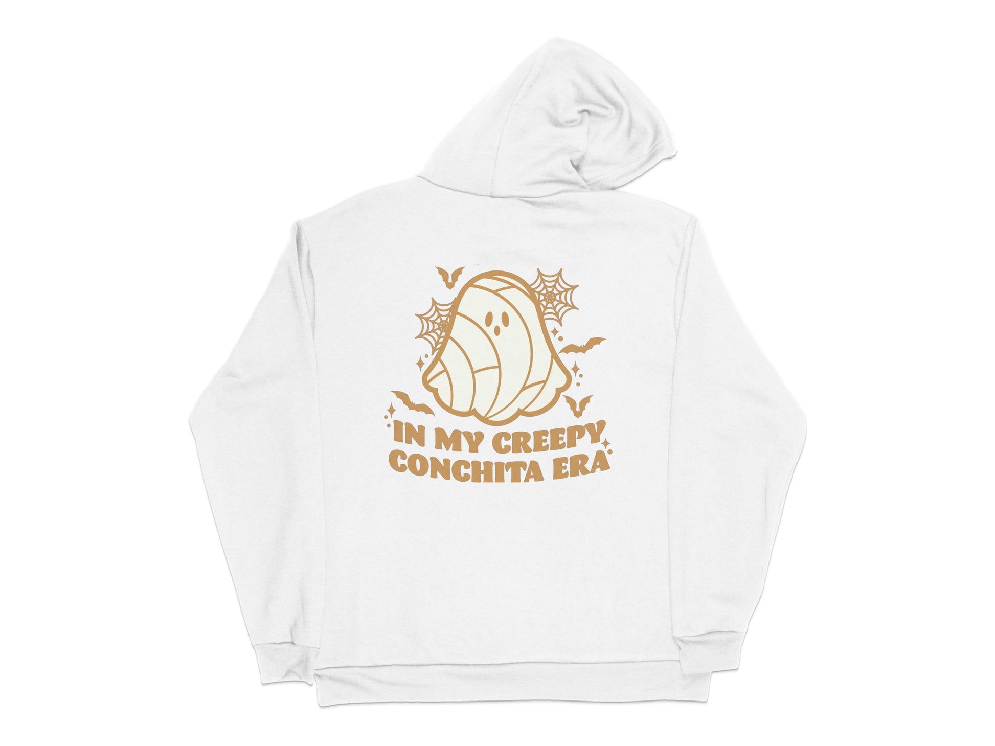 White Hoodie with Ghost Graphic, 'In My Creepy Conchita Era' Back Print, Unisex Pullover Sweatshirt
