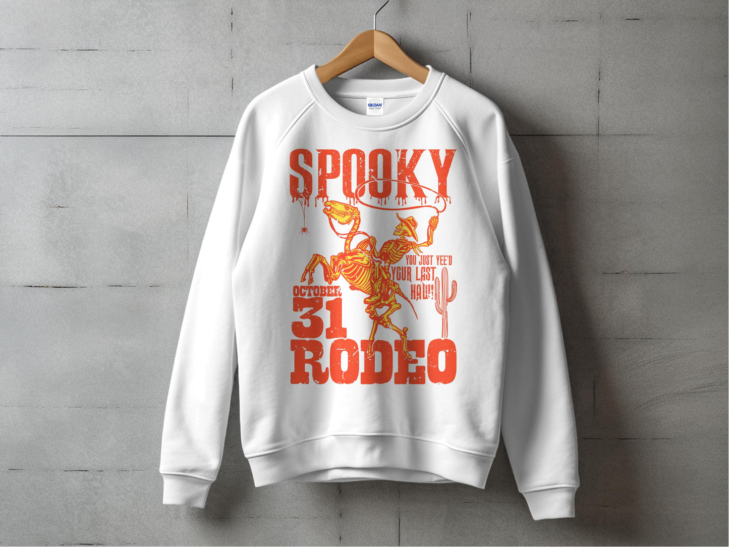 Halloween Rodeo Sweatshirt, Spooky Skeleton Cowboy Graphic, October 31 Event Pullover, Unisex Fall Fashion Top