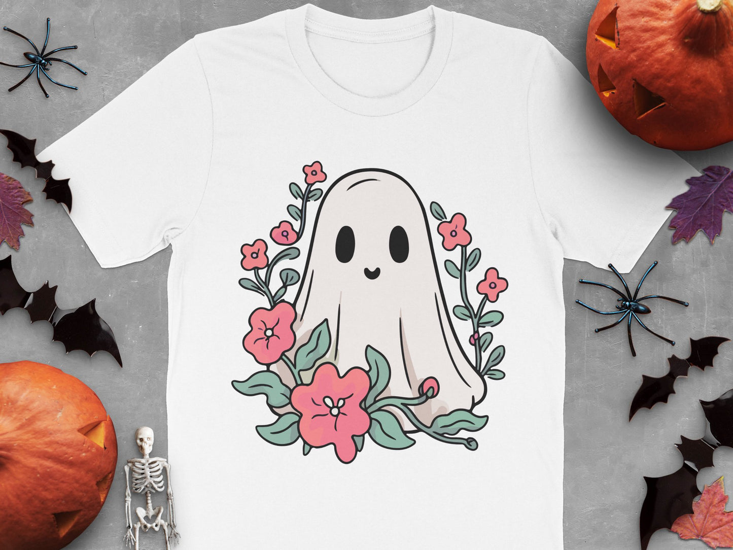 Cute Ghost T-Shirt with Floral Design, Halloween Graphic Tee, Unisex Adult Casual Wear, Spooky Flower Shirt