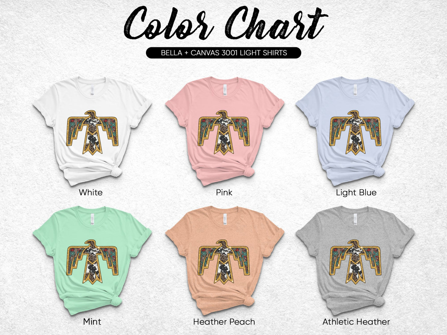 Bella Canvas 3001 T-Shirt Color Chart, Light Shirts Variety, White Pink Blue Green Grey Options