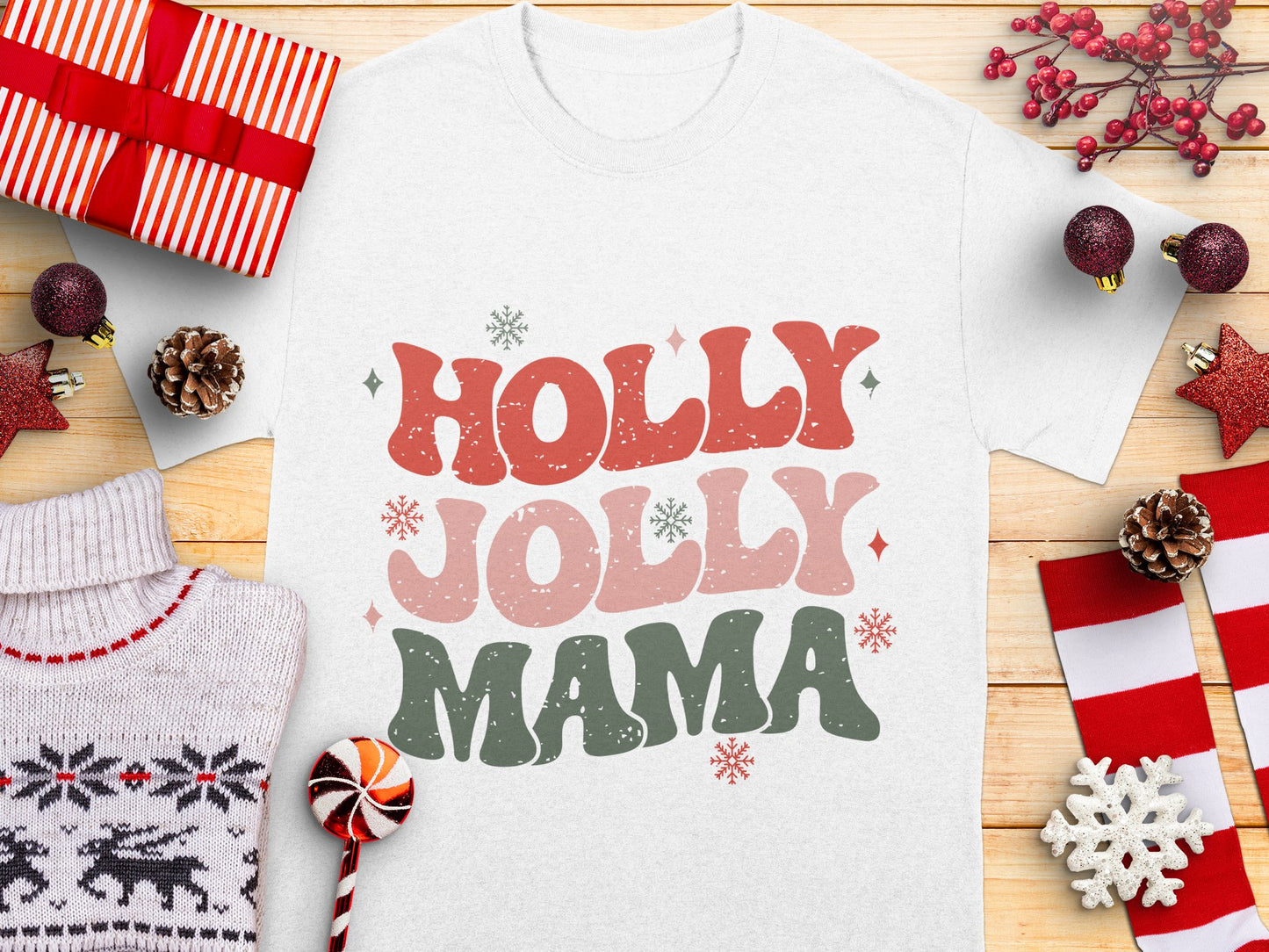 Holly Jolly Mama Christmas T-Shirt, Festive Holiday Graphic Tee, Women's Winter Fashion, Casual Xmas Apparel